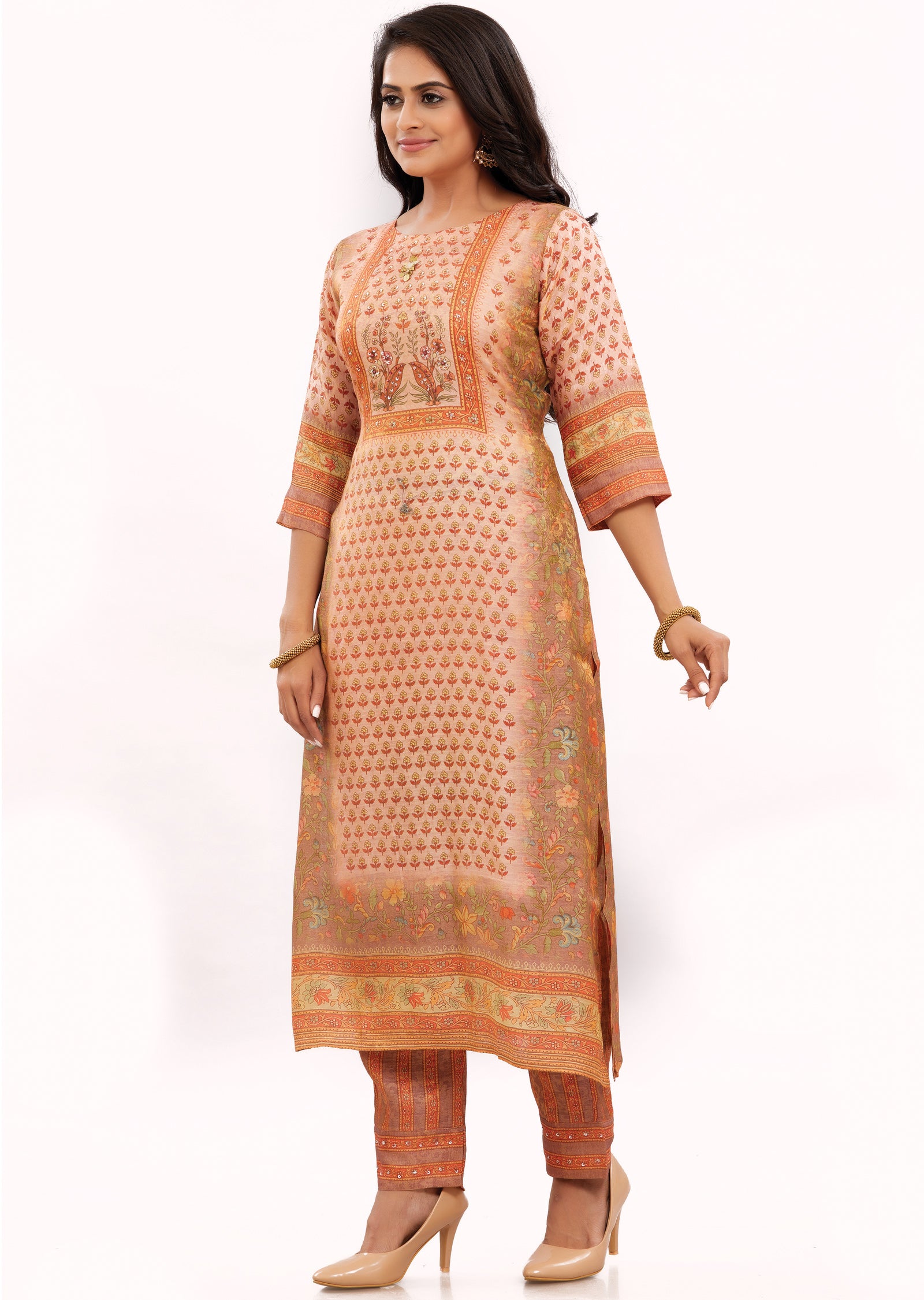 Peach Tissue Silk Kurti Sets