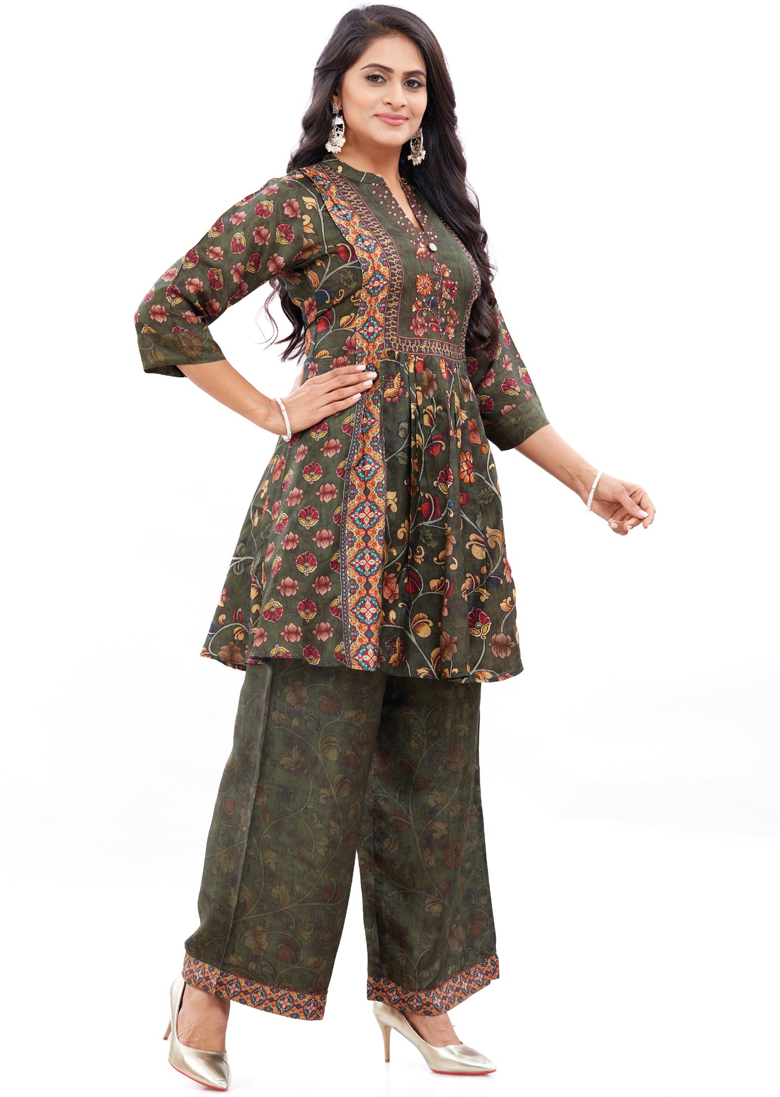 Olive Green Muslin Kurti Sets