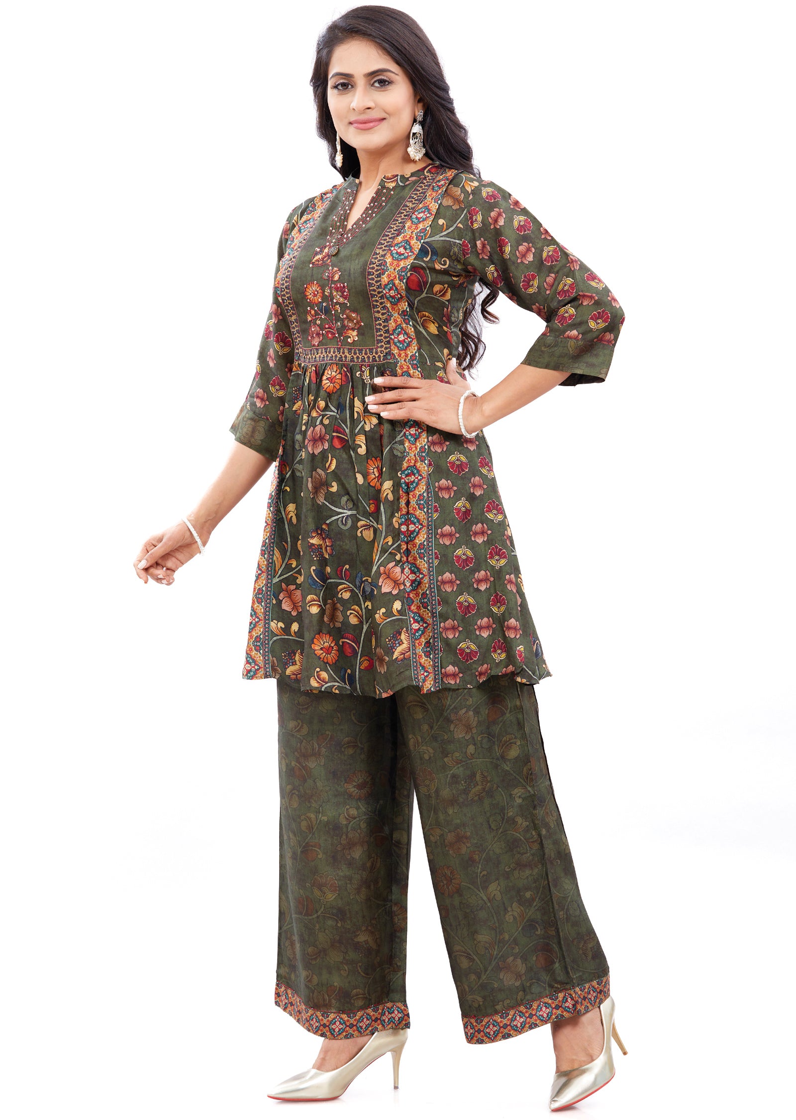 Olive Green Muslin Kurti Sets