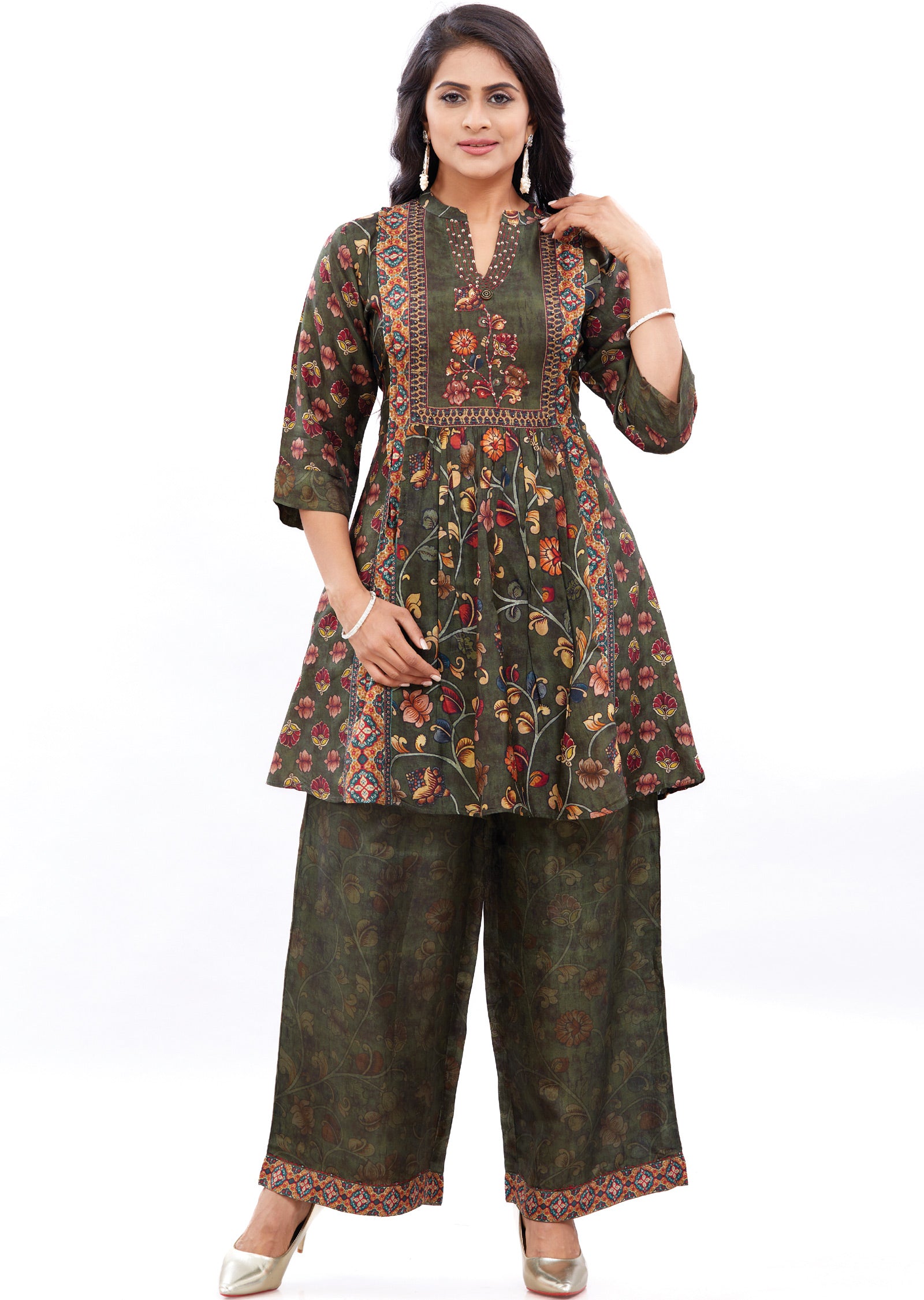 Olive Green Muslin Kurti Sets