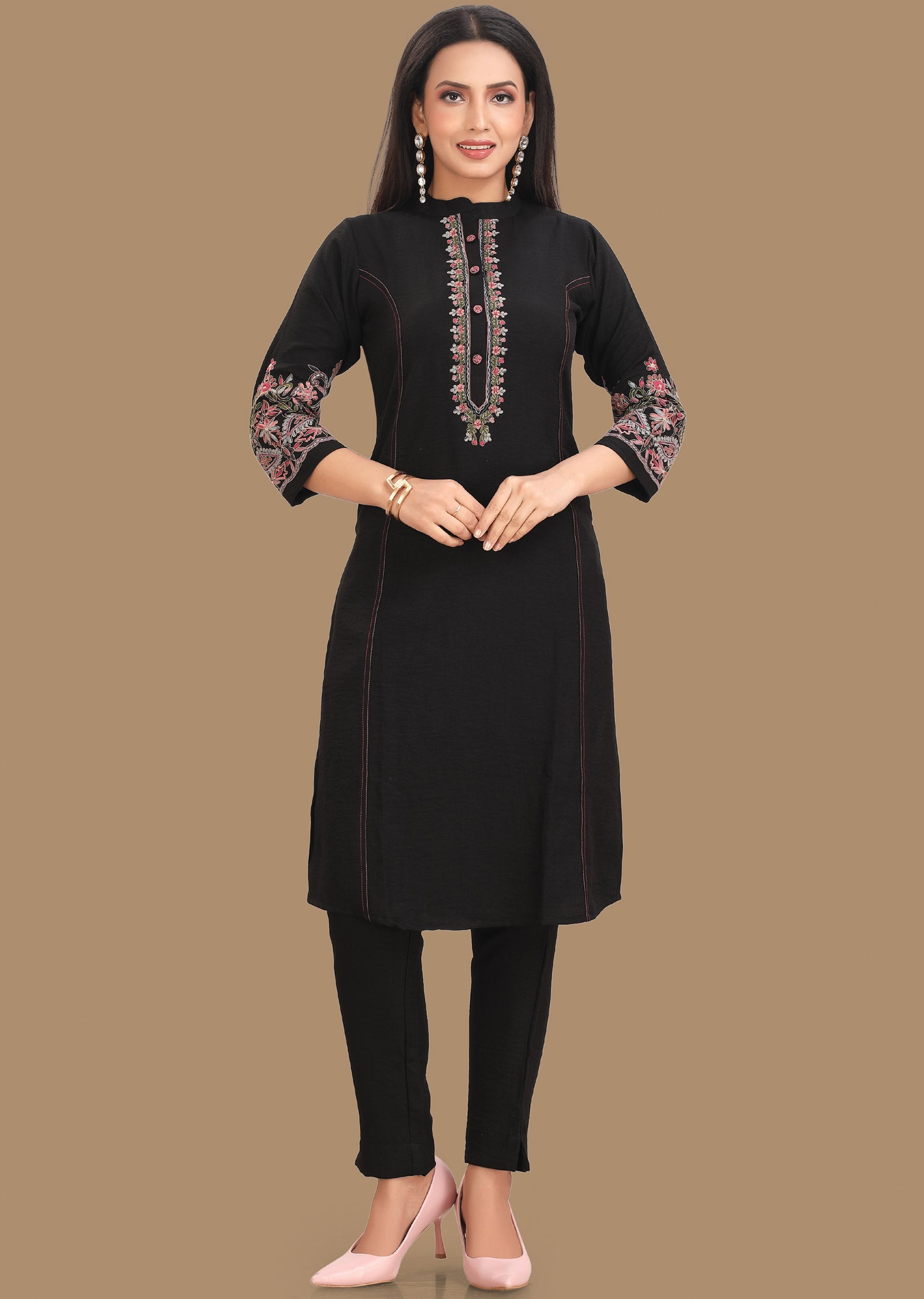 Black Soft Denim Silk Kurti Set