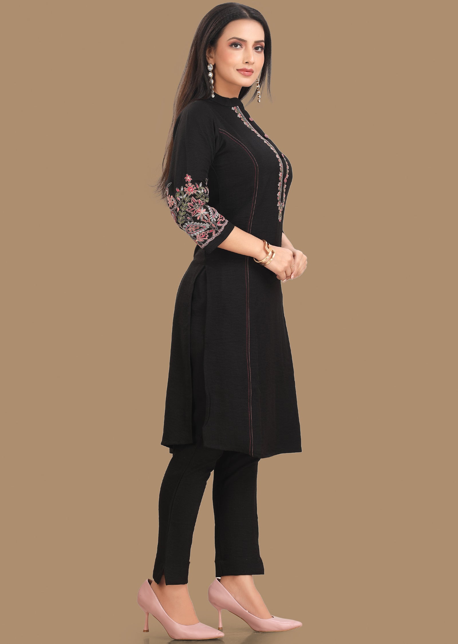 Black Soft Denim Silk Kurti Set