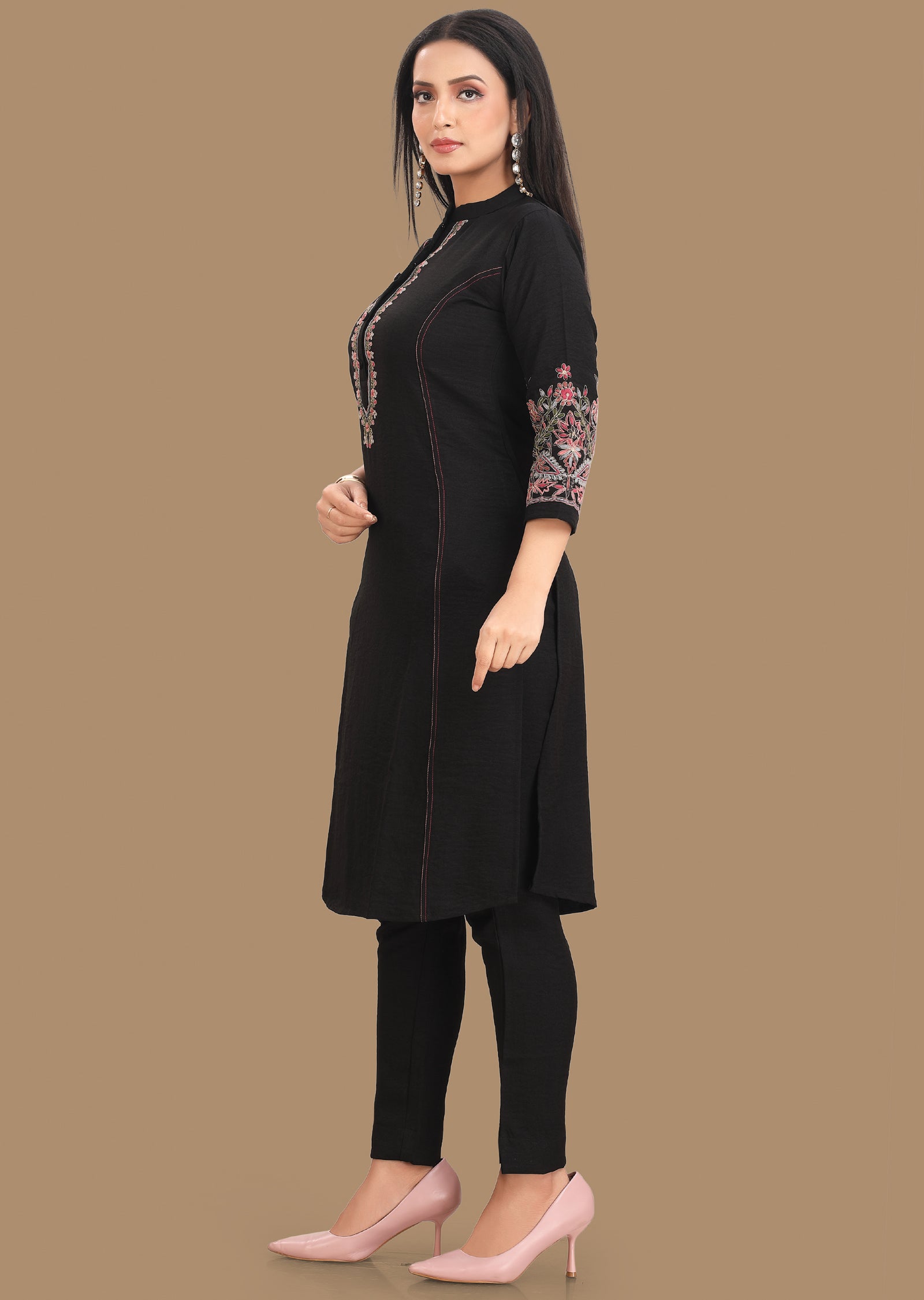 Black Soft Denim Silk Kurti Set