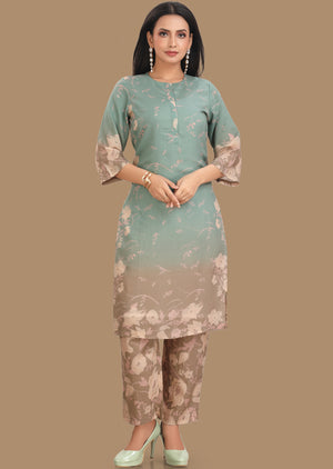 Dusty Green & Brown Soft Cotton Kurti Set