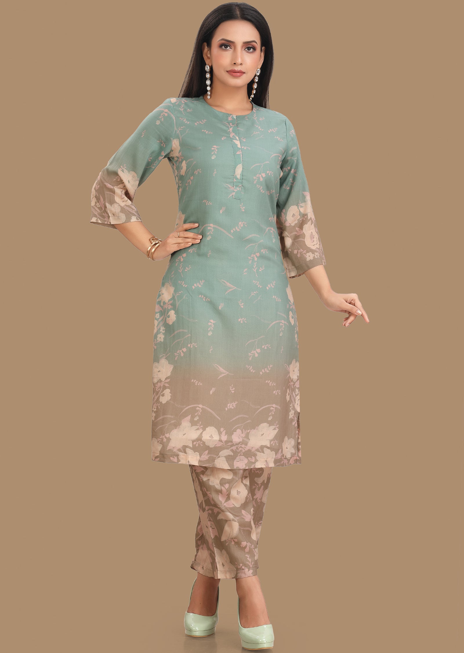 Dusty Green & Brown Soft Cotton Kurti Set