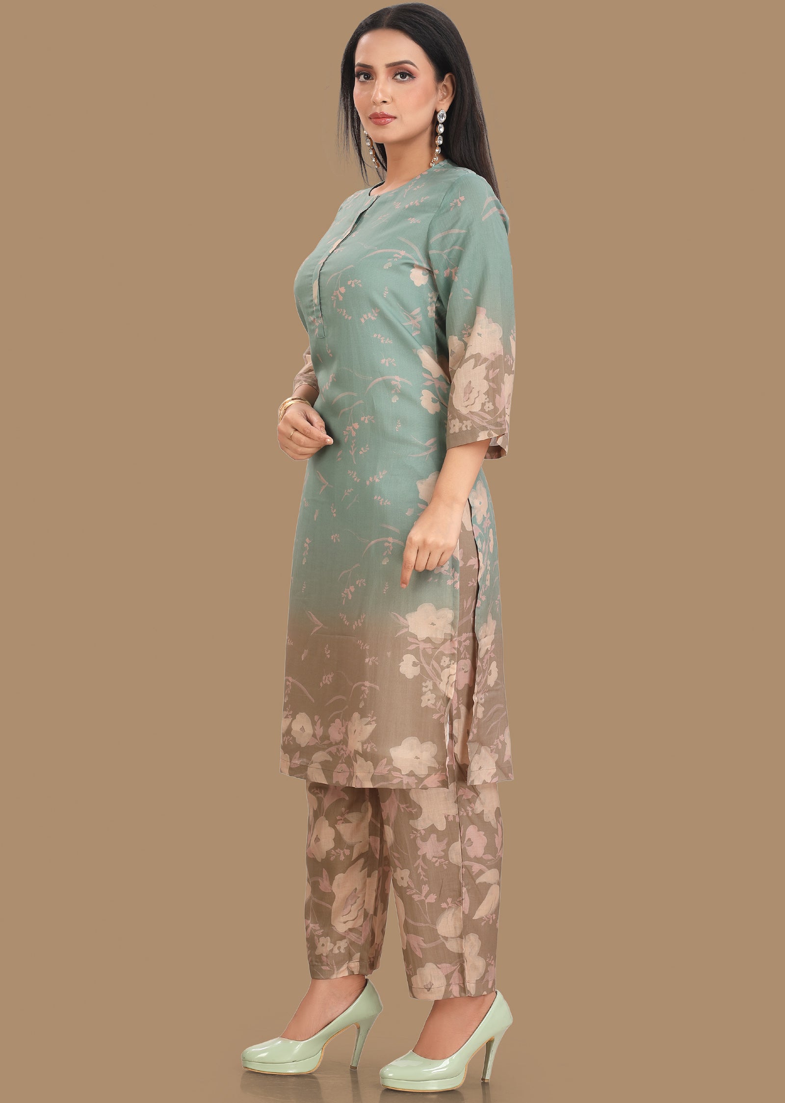 Dusty Green & Brown Soft Cotton Kurti Set