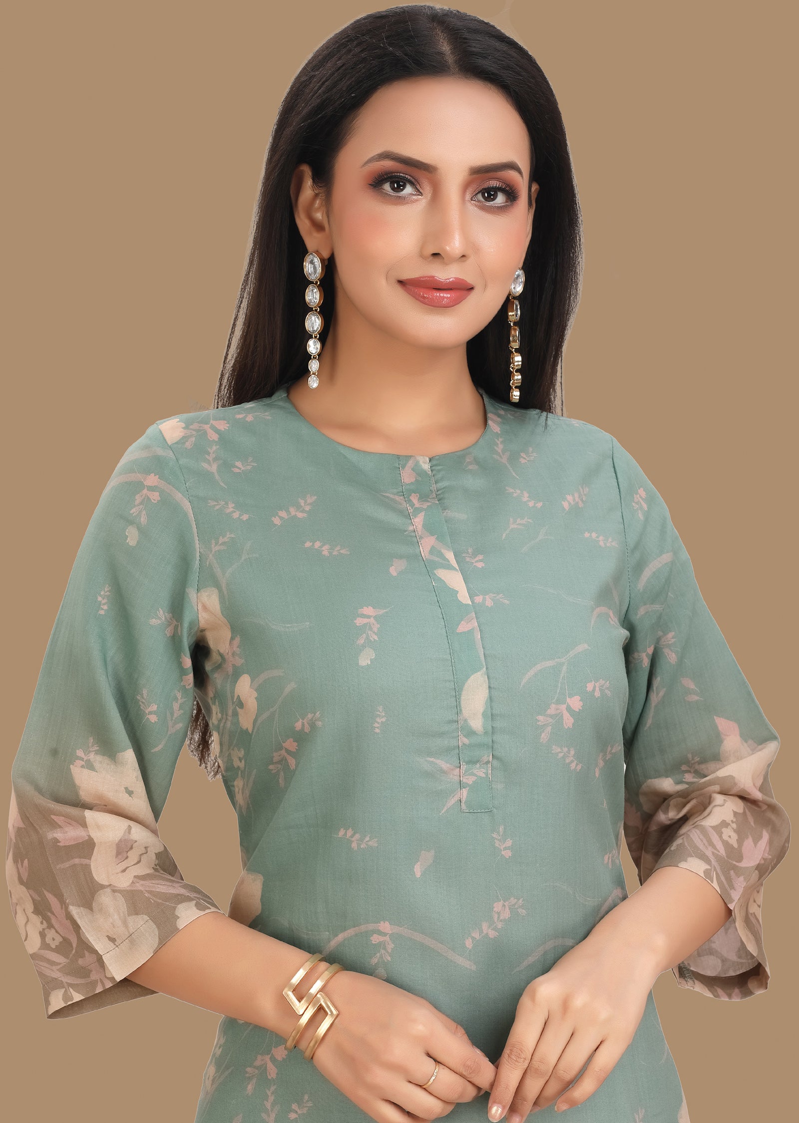 Dusty Green & Brown Soft Cotton Kurti Set