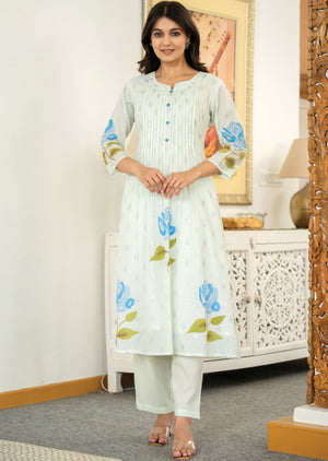 Pista Green Banaras Cotton Kurti Set