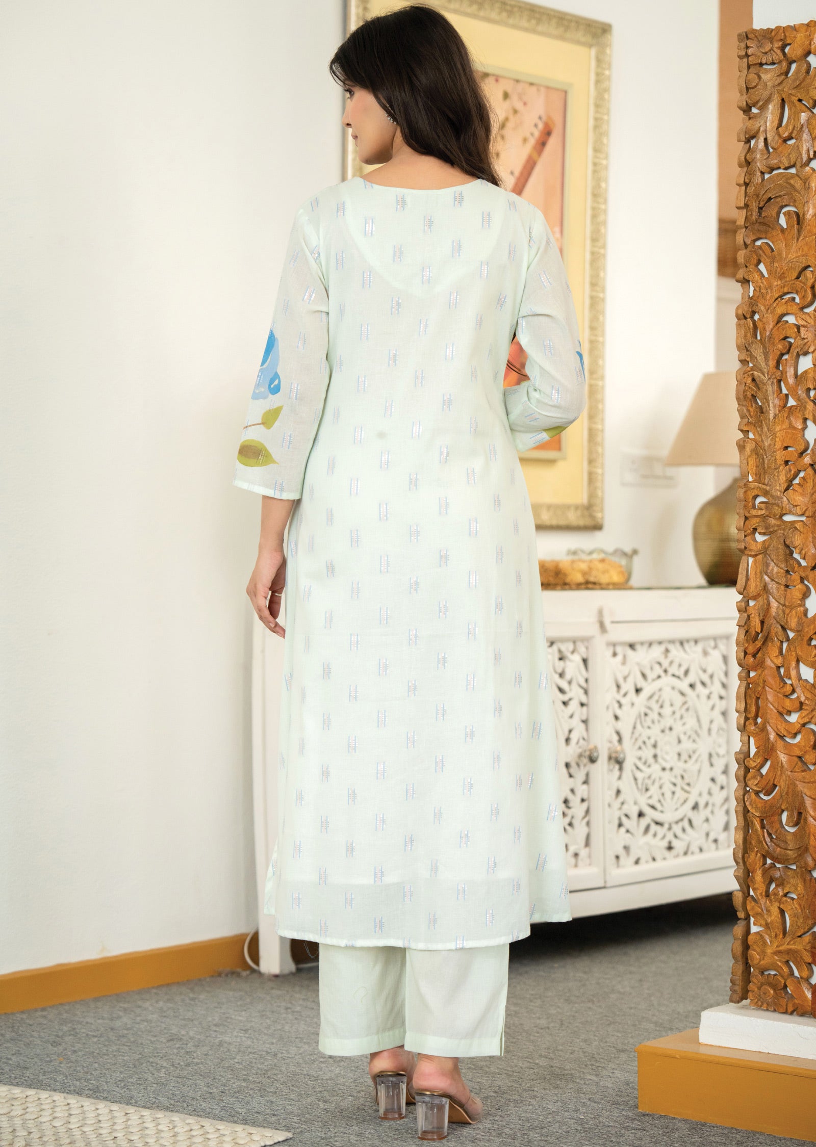 Pista Green Banaras Cotton Kurti Set