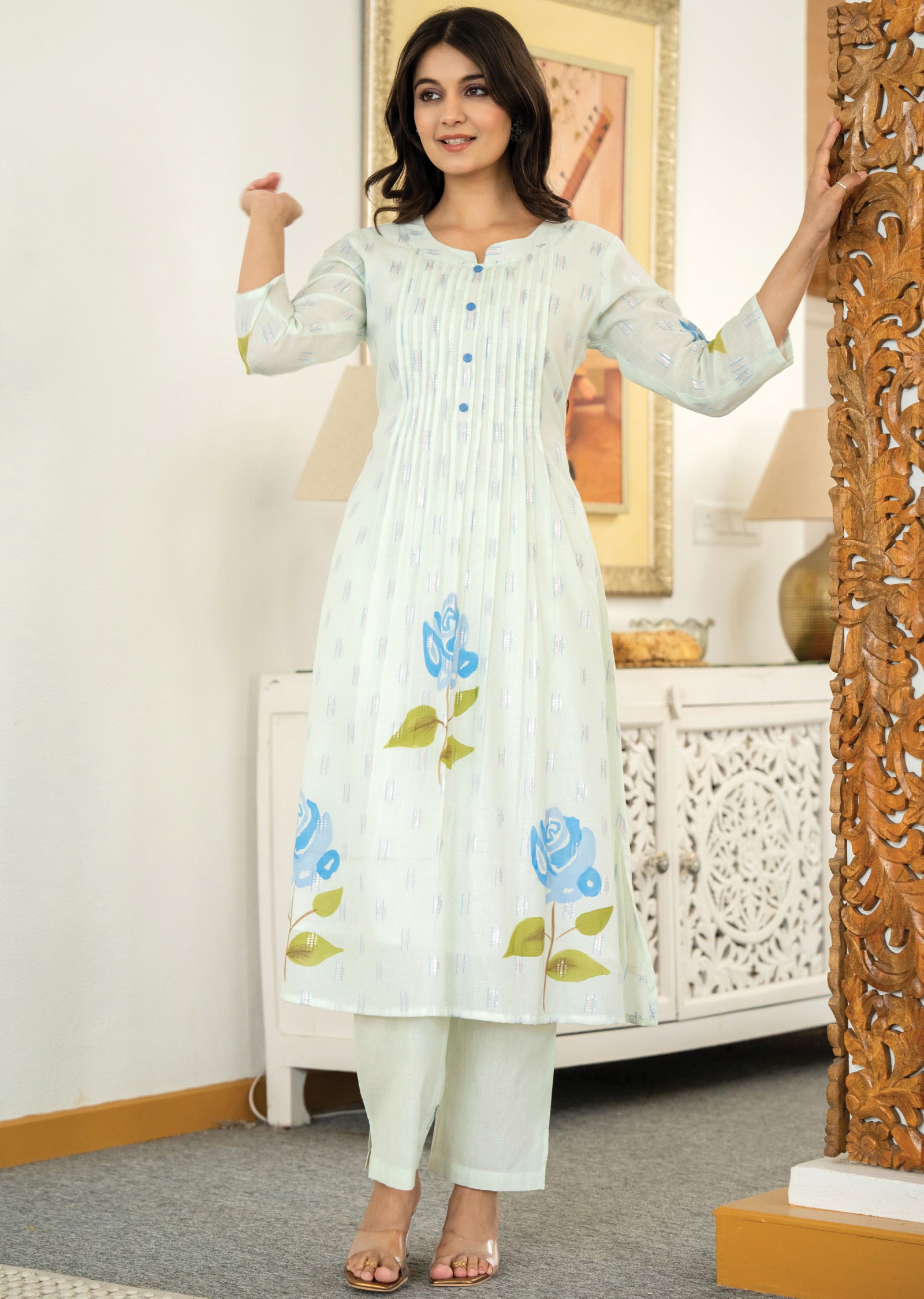 Pista Green Banaras Cotton Kurti Set