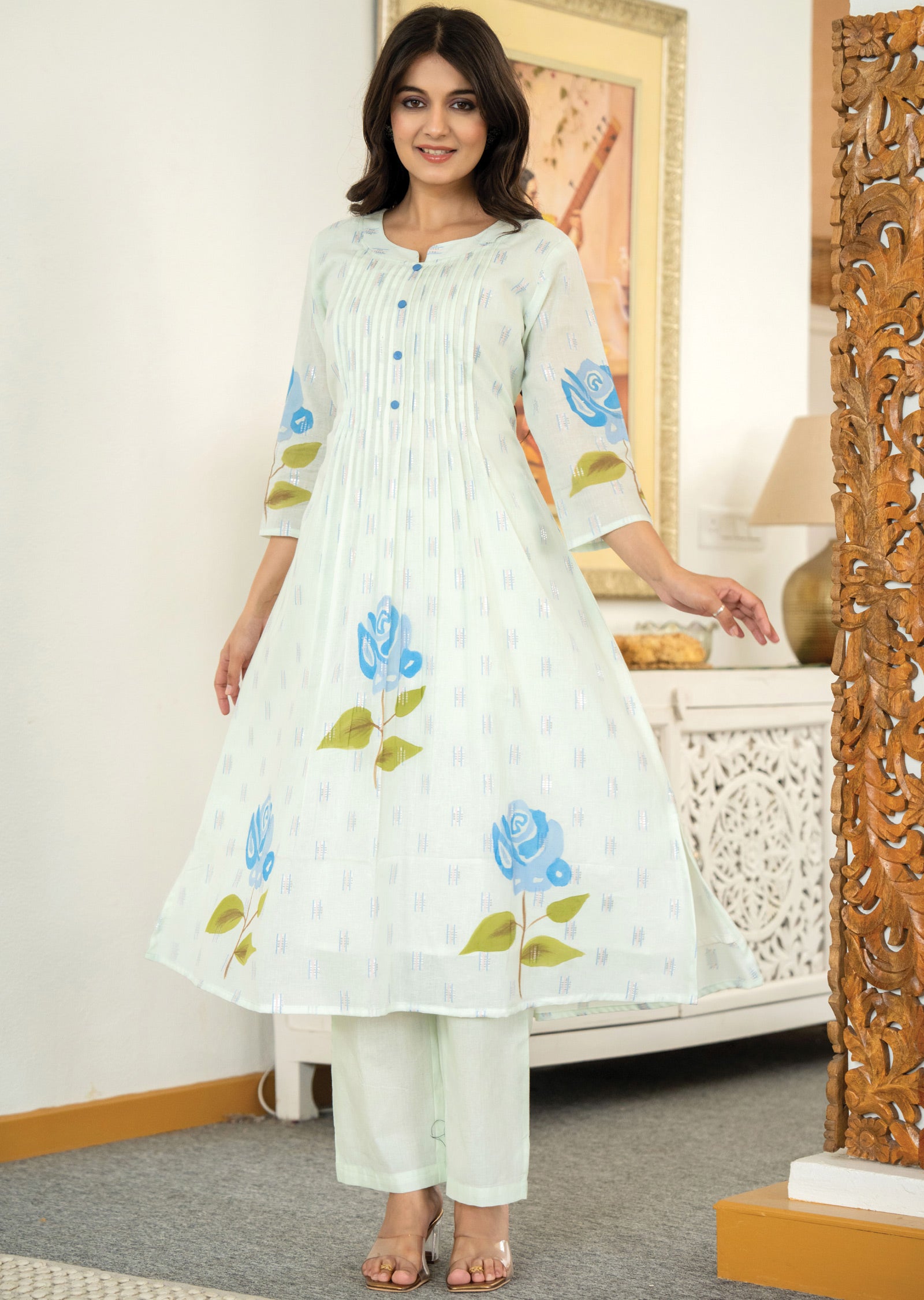 Pista Green Banaras Cotton Kurti Set