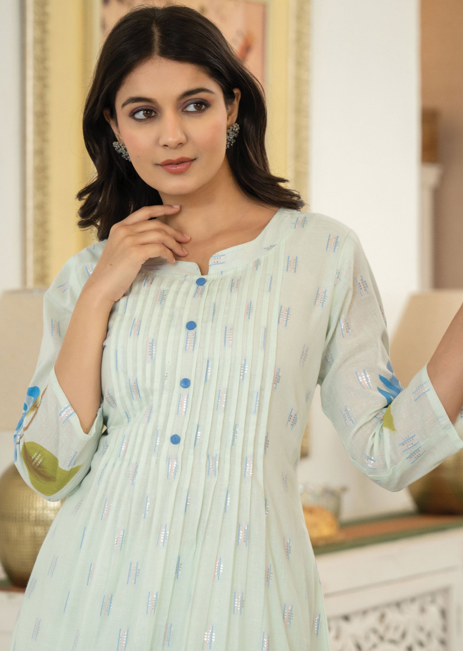 Pista Green Banaras Cotton Kurti Set