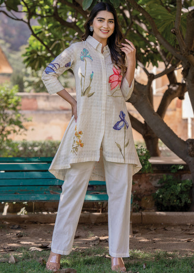 Beige Cotton Straight Cut Kurti Set