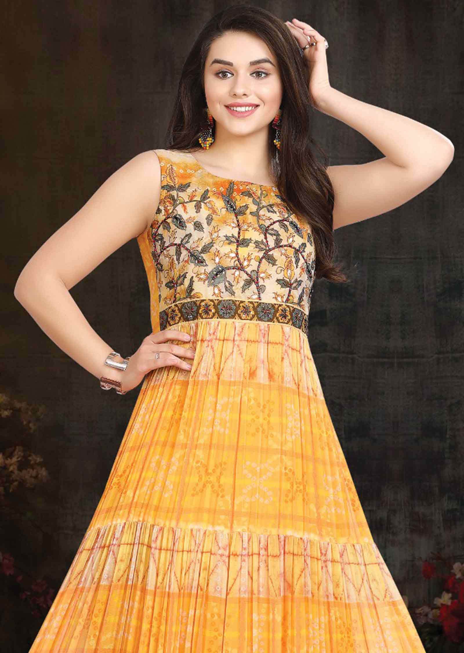 Yellow Georgette Embroidered Kurti Full legth