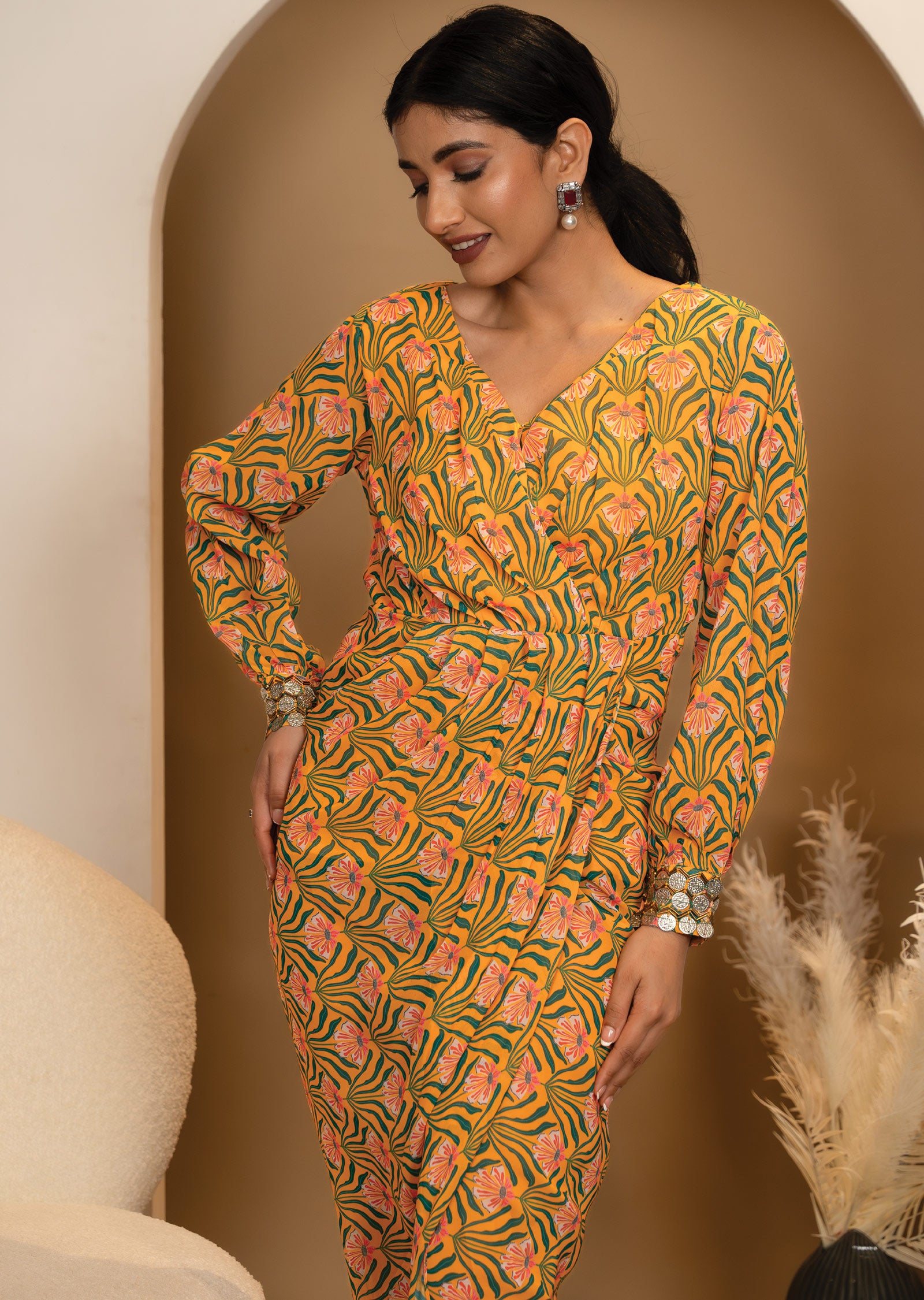 Yellow & Green Georgette Kurti Full Length