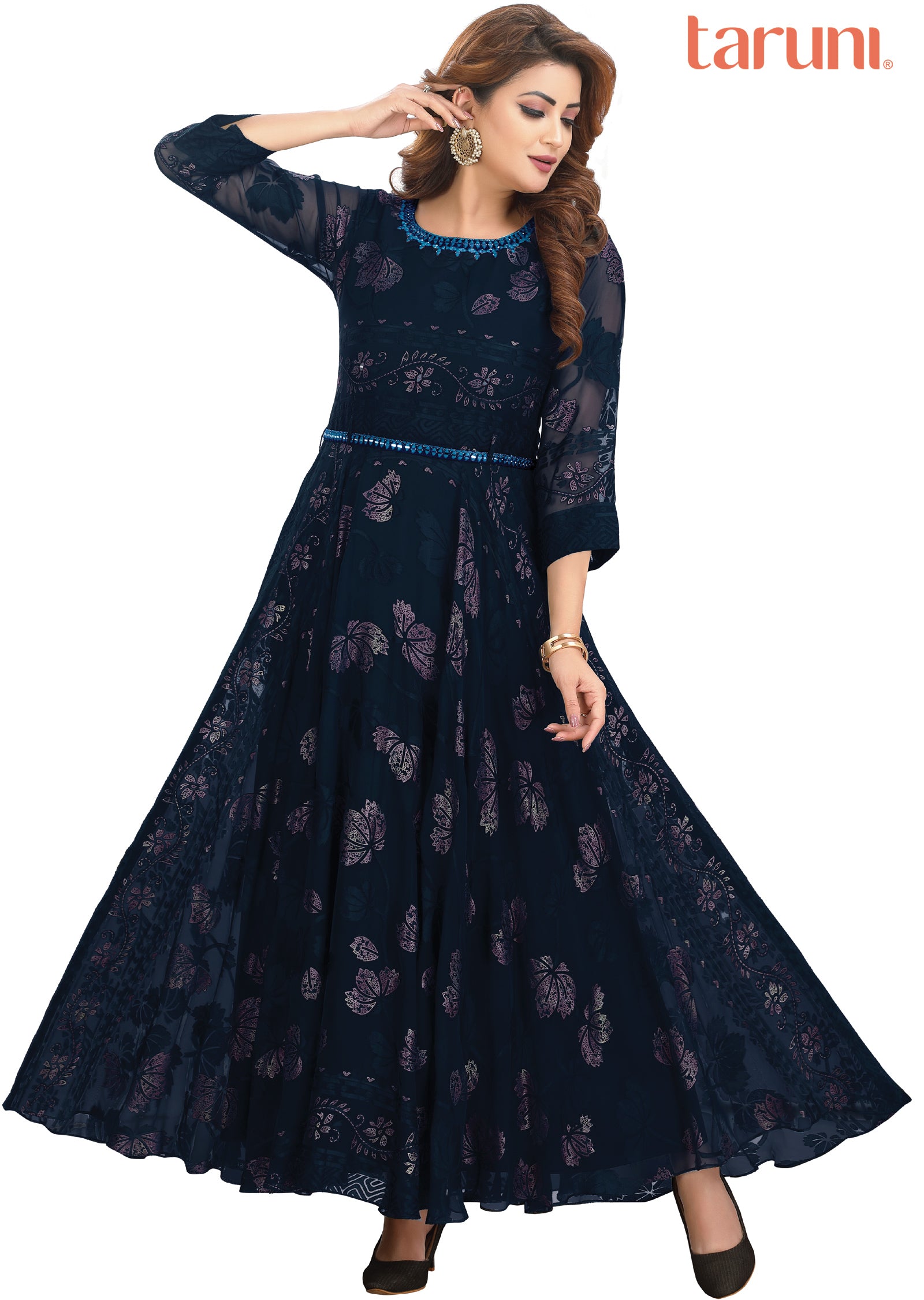 Navy Blue Brasso Chiffon Kurtis Full Length