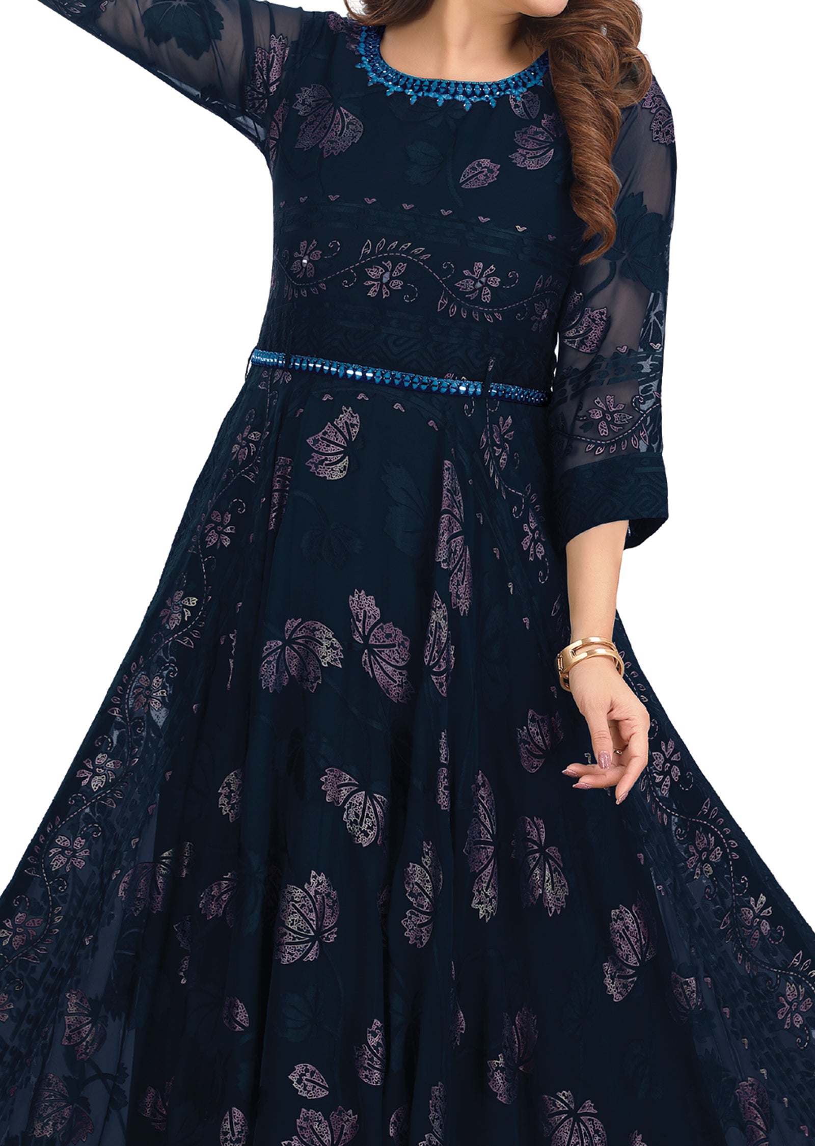 Navy Blue Brasso Chiffon Kurtis Full Length