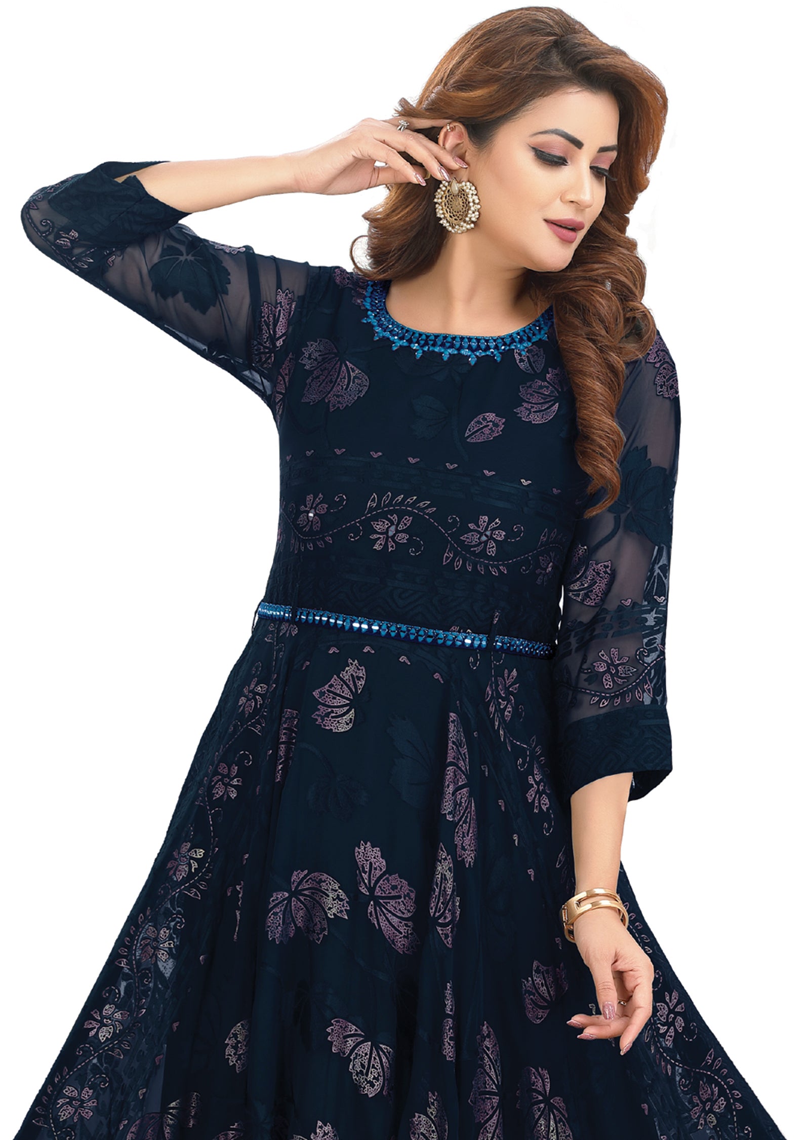 Navy Blue Brasso Chiffon Kurtis Full Length