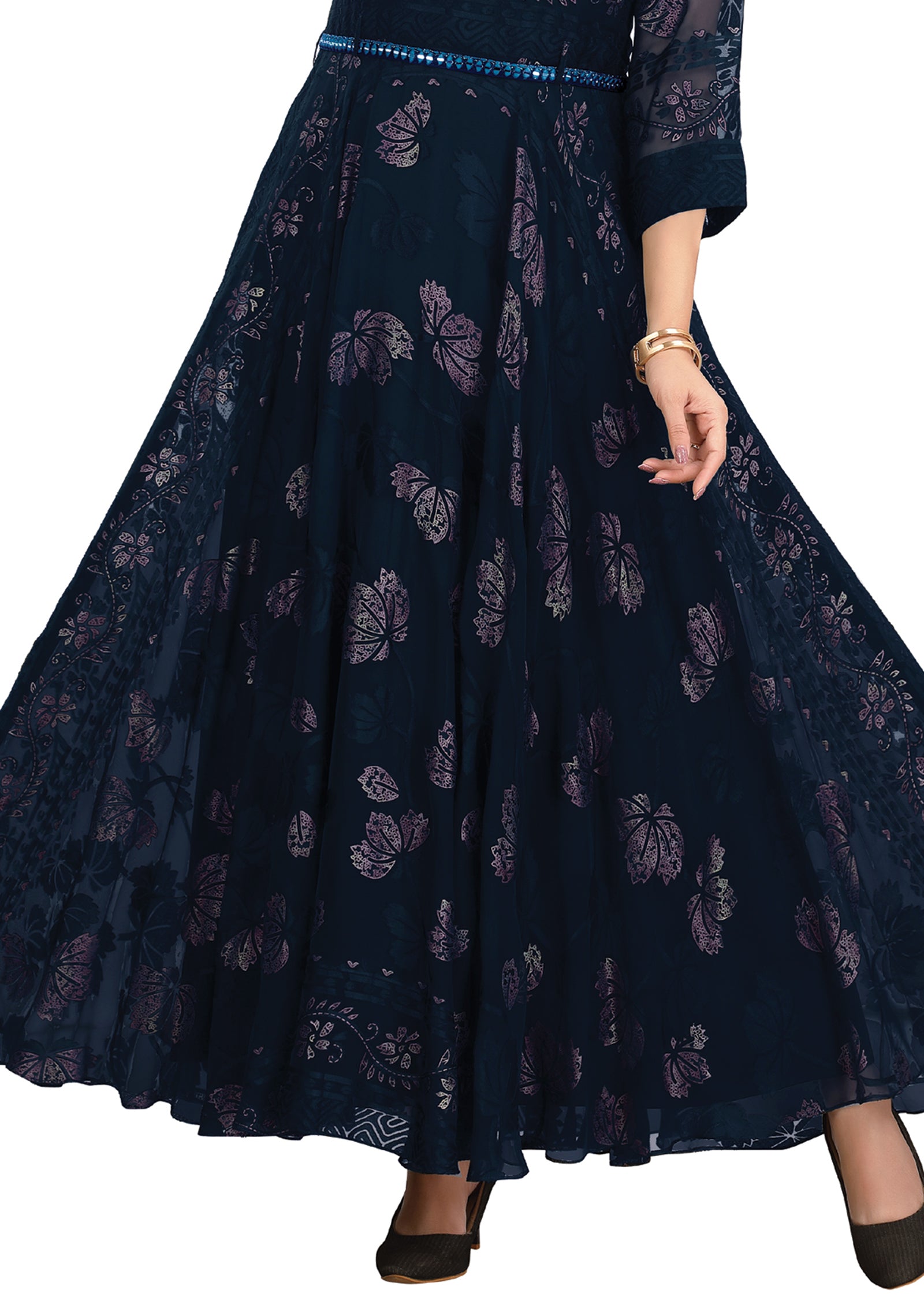 Navy Blue Brasso Chiffon Kurtis Full Length