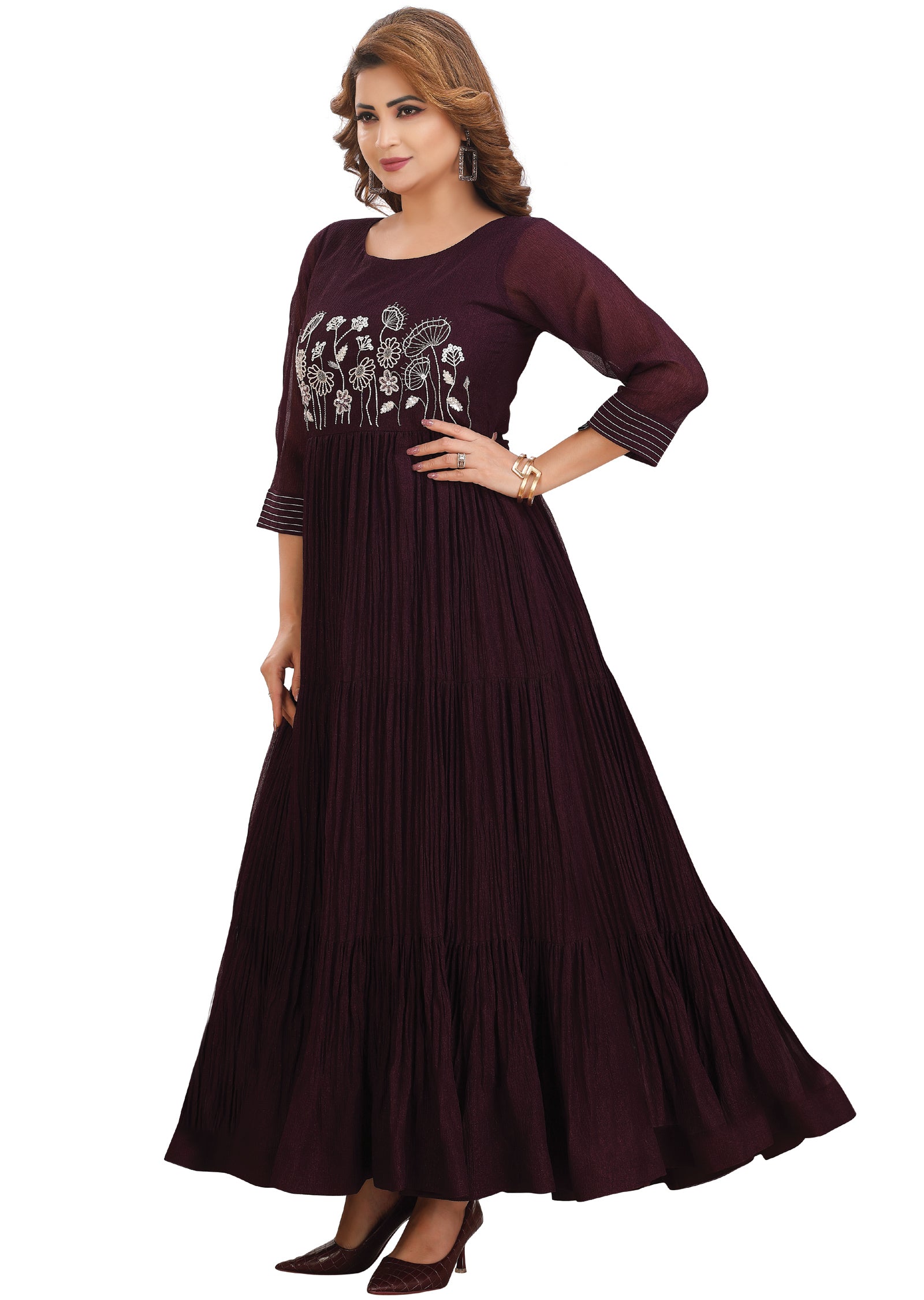 Wine Crush Tissue Georgette Kurtis Full Length