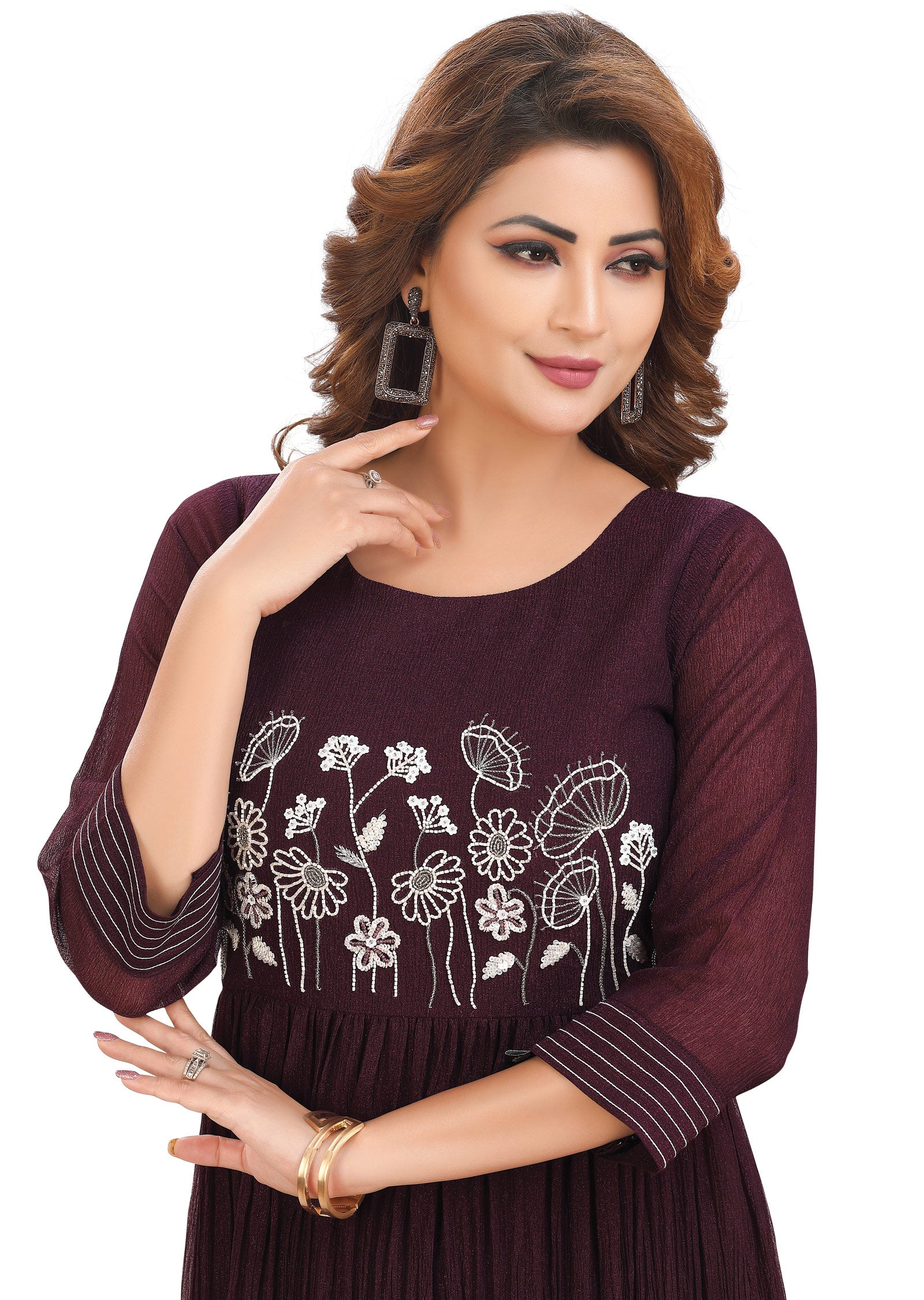 Wine Crush Tissue Georgette Kurtis Full Length