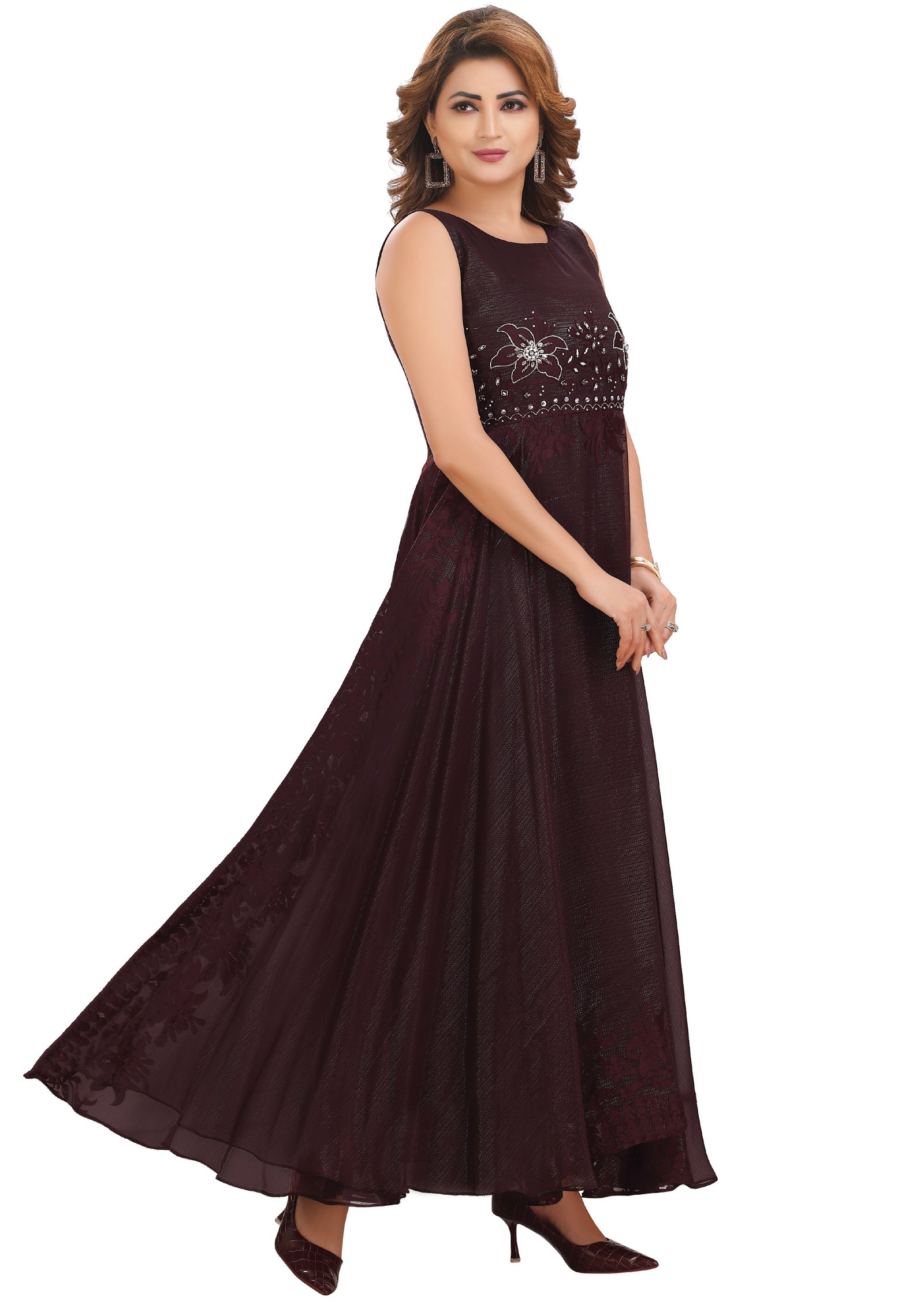 Wine Brasso Chiffon Kurtis Full Length