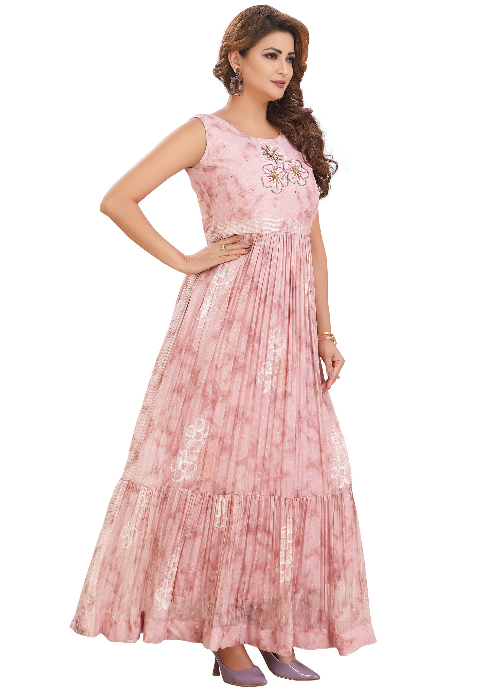 Onion Pink Chiffon Kurtis Full Length