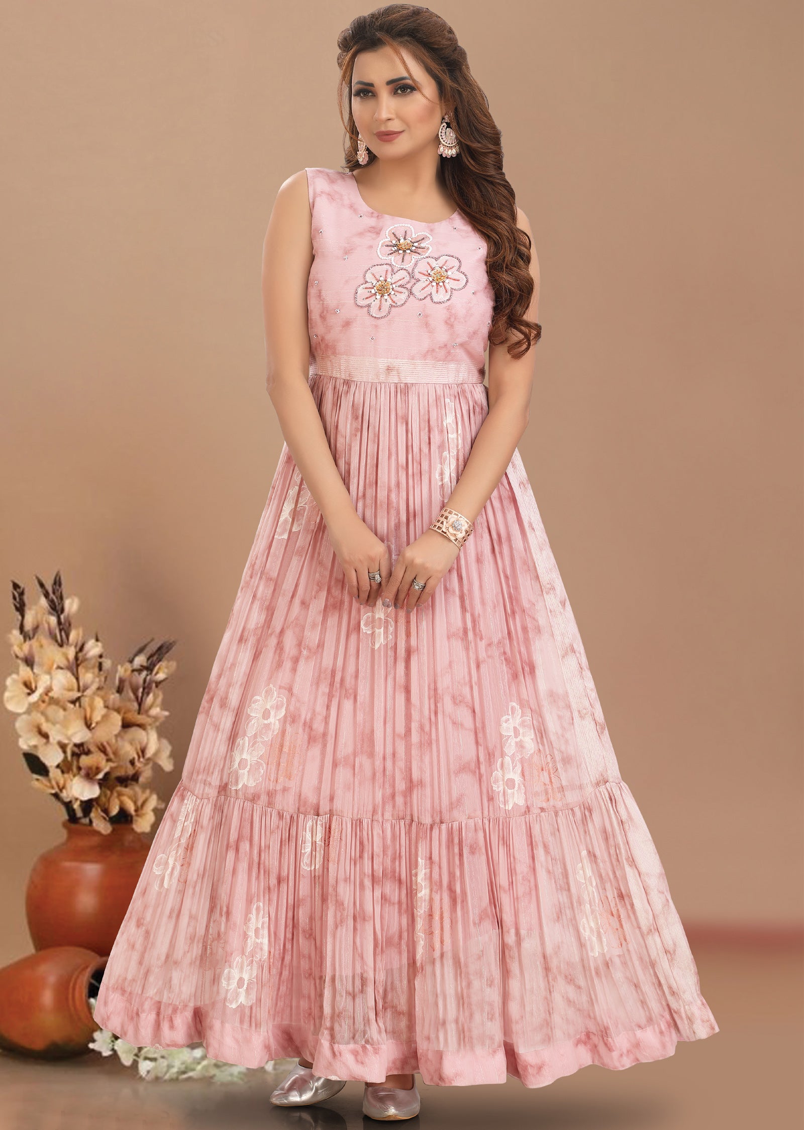 Onion Pink Chiffon Kurtis Full Length