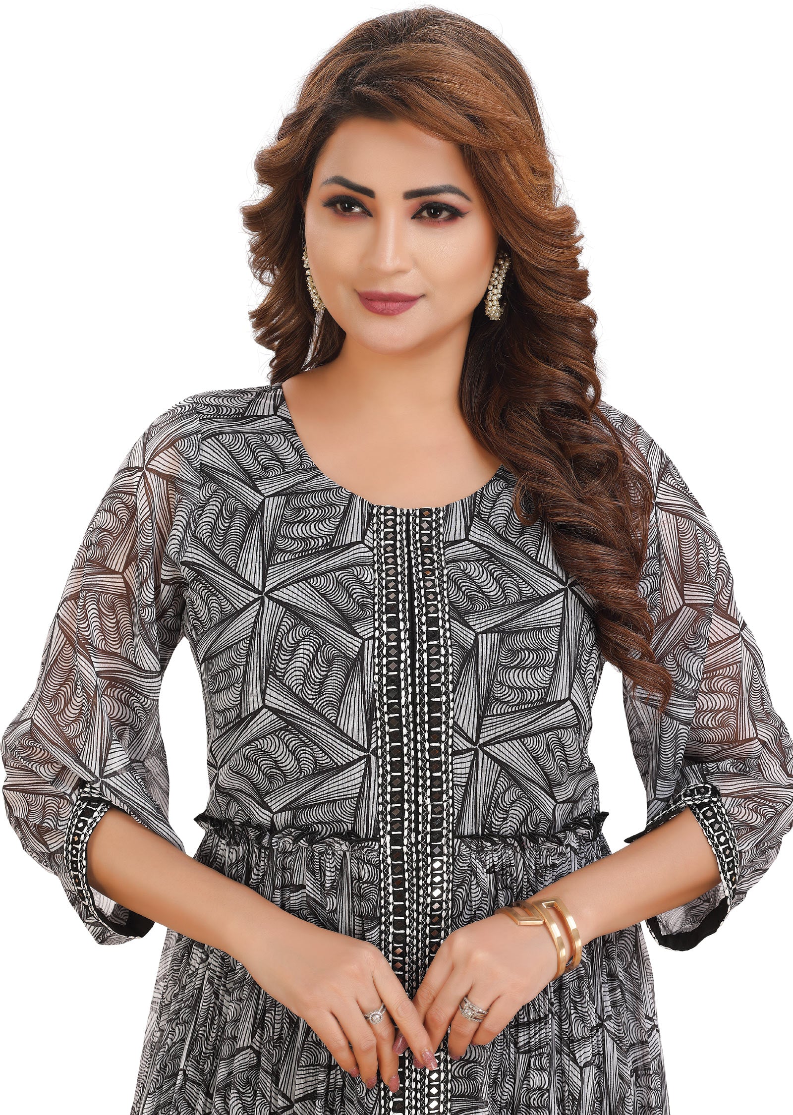 Off White & Black Chiffon Kurti Full Length