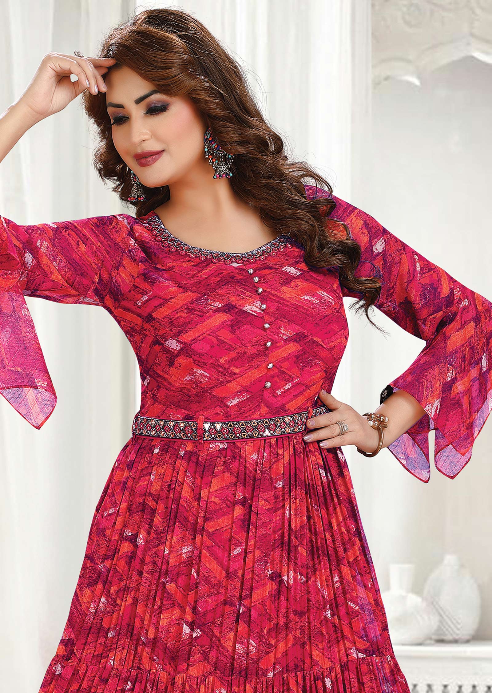 Rani Pink & Orange Chiffon Kurti Full Length