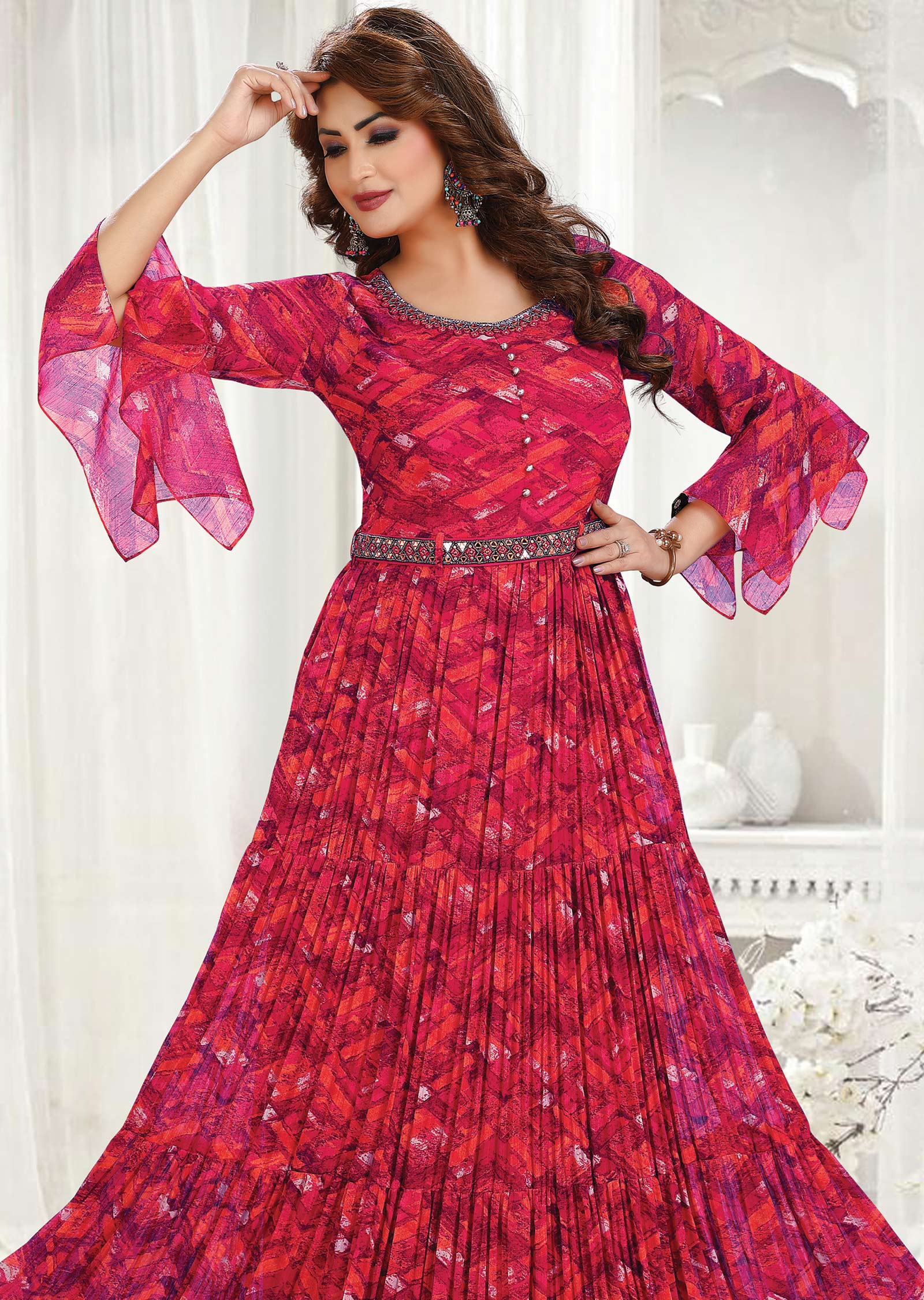 Rani Pink & Orange Chiffon Kurti Full Length