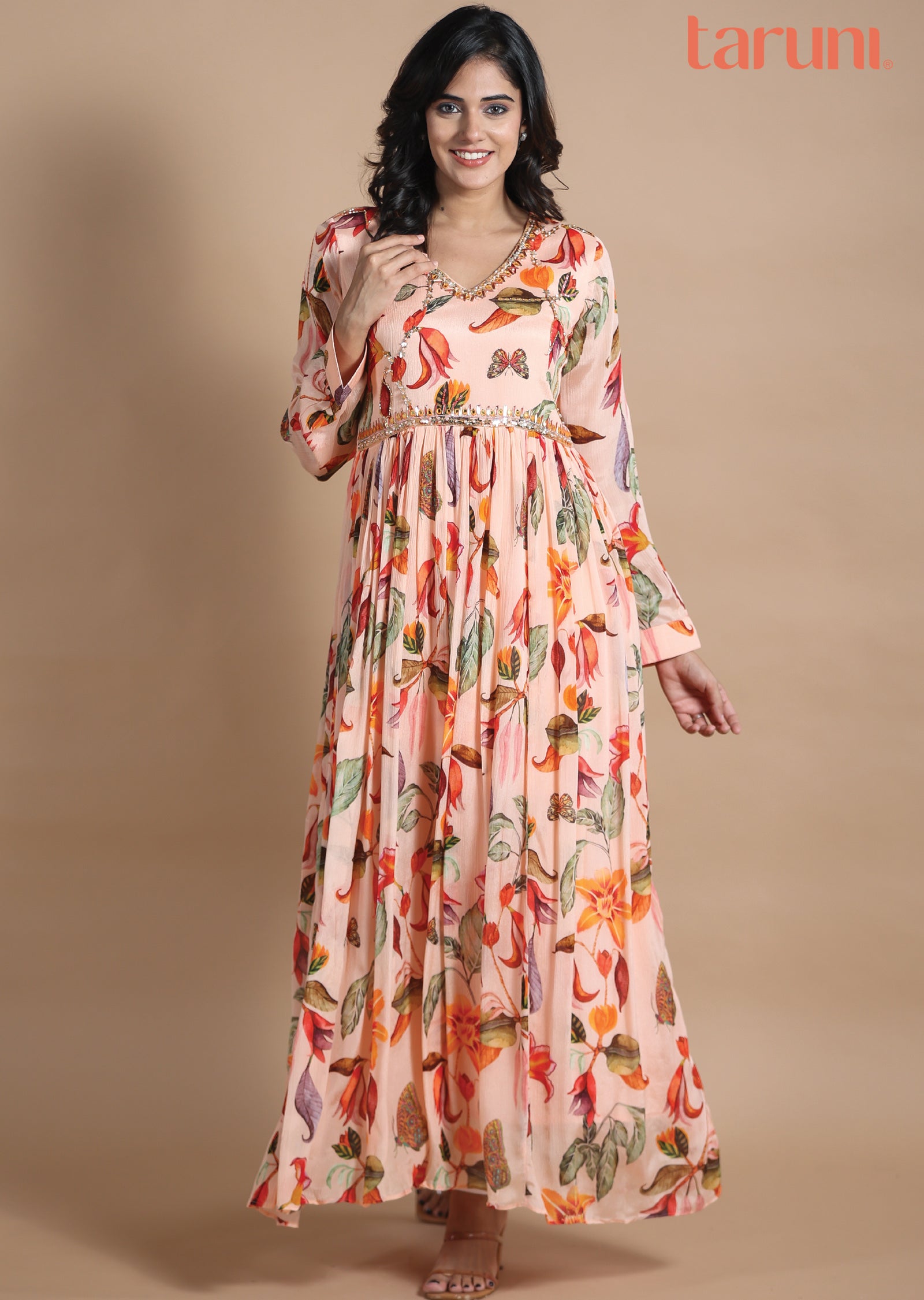 Dark Peach Chinnon Kurti Full Length