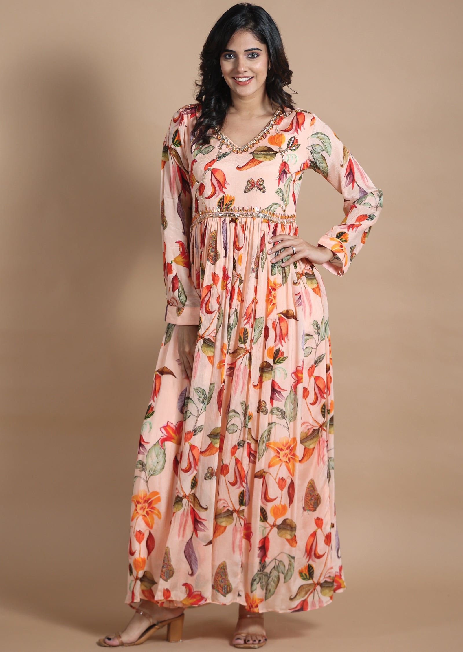 Dark Peach Chinnon Kurti Full Length