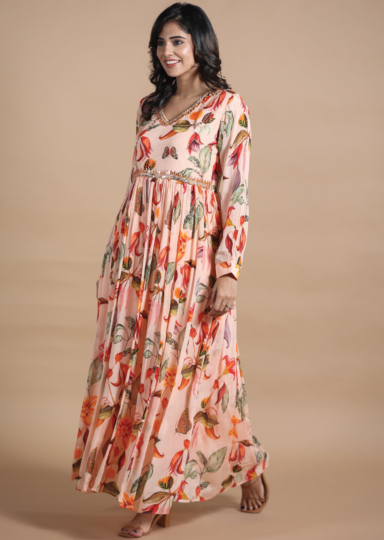 Dark Peach Chinnon Kurti Full Length