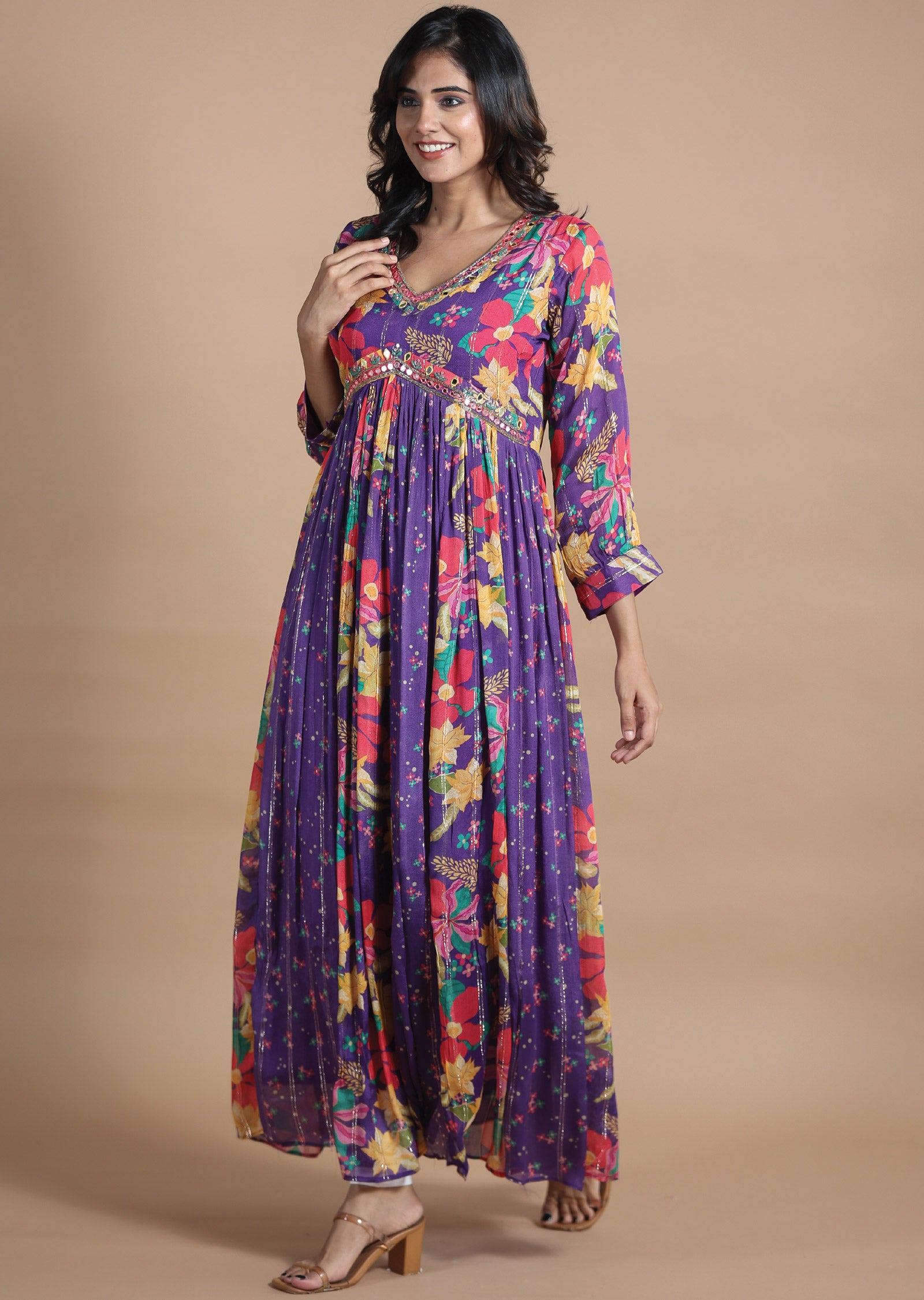 Purple Chinnon Kurti Full Length