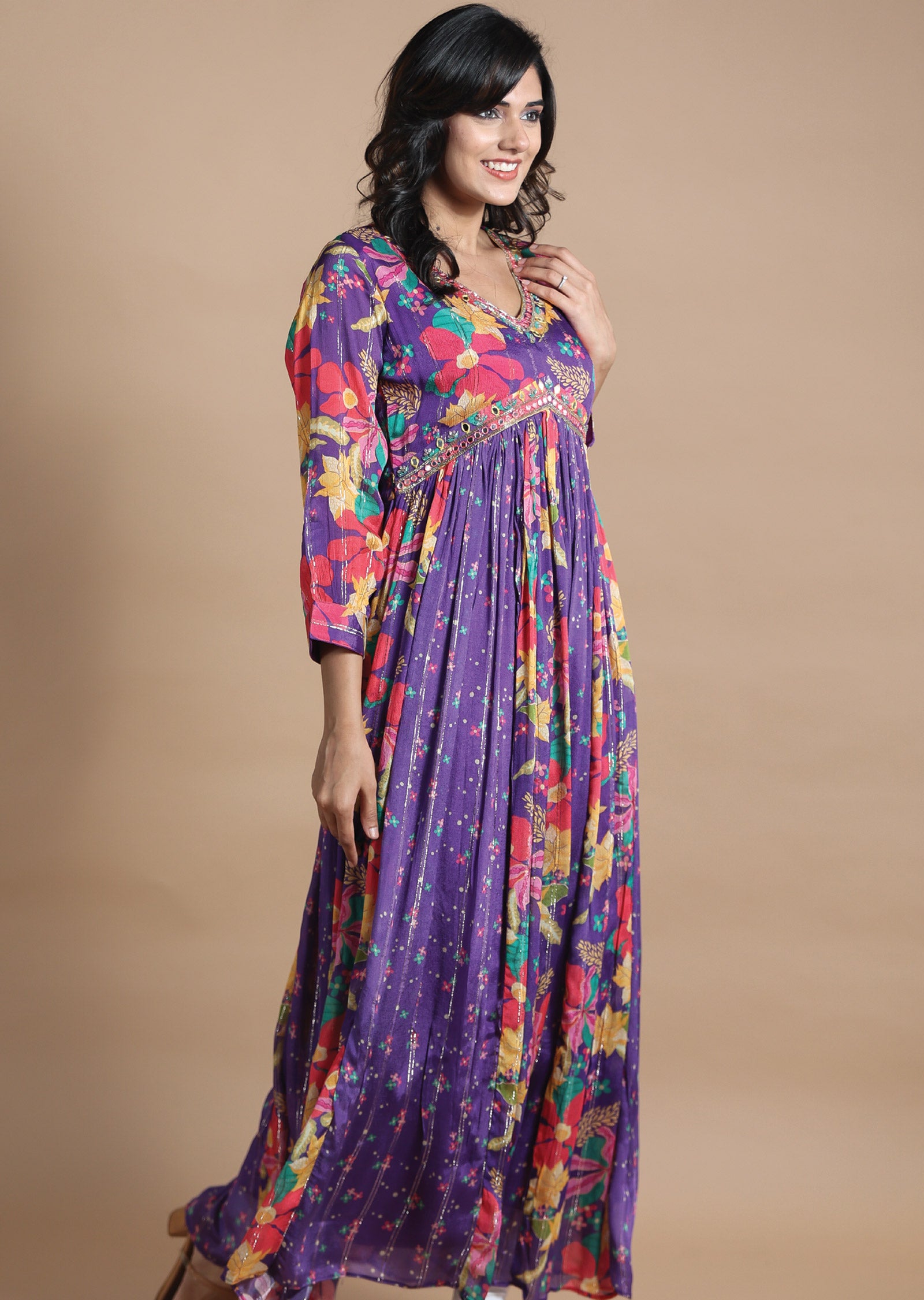 Purple Chinnon Kurti Full Length