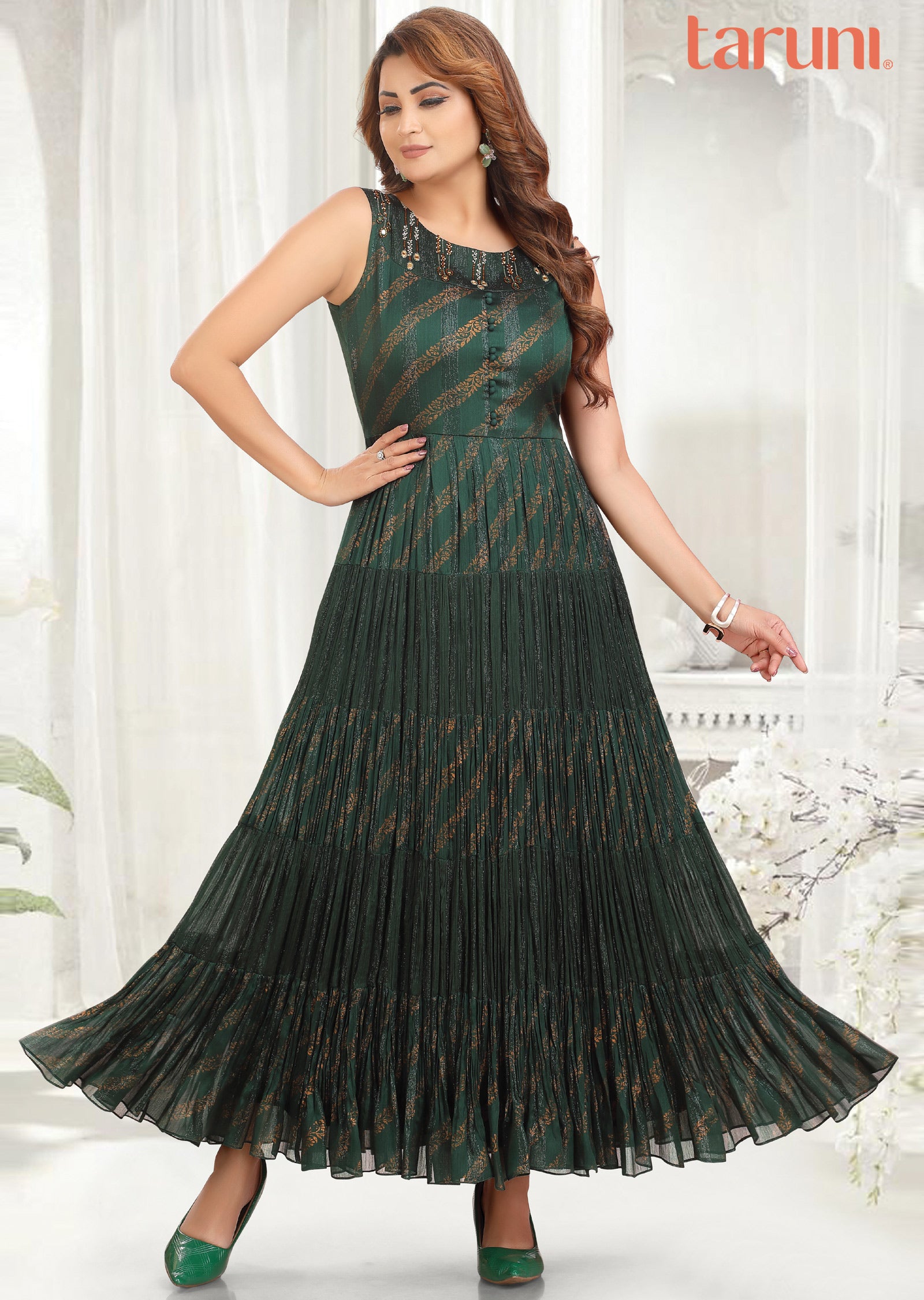 Dark Green Chiffon Gown-Style Kurti with Beads & Mirrors