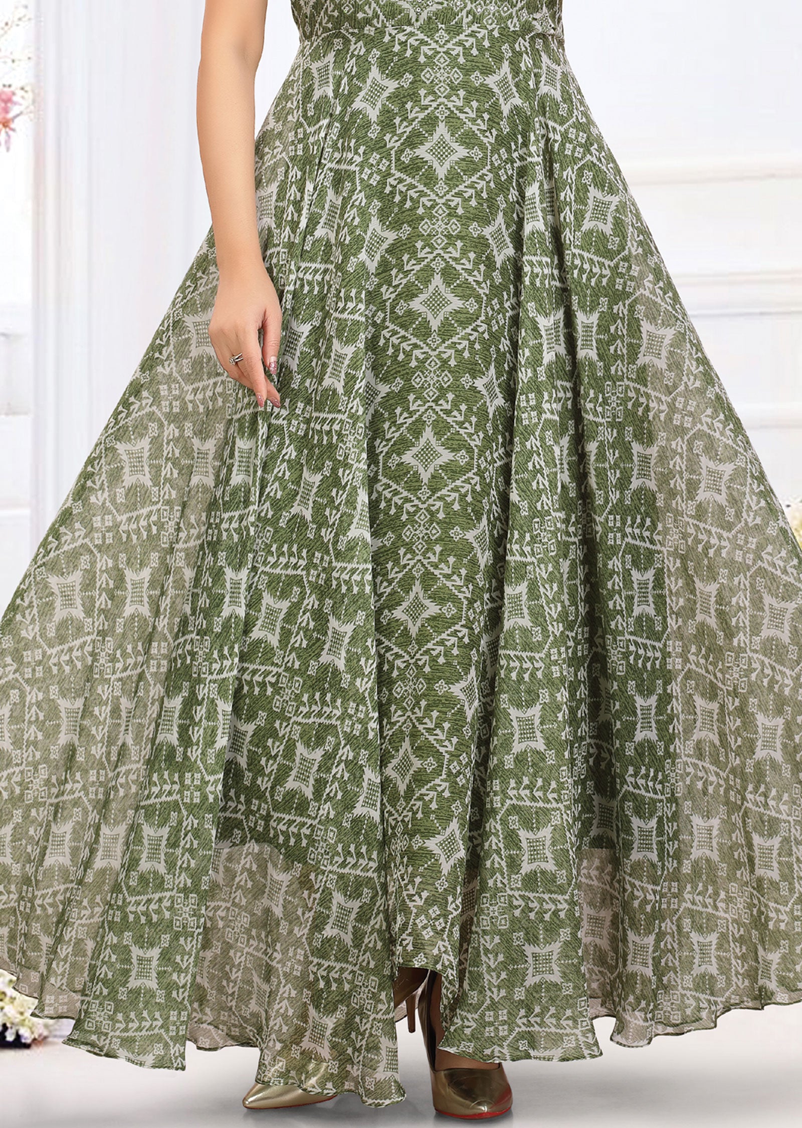 Mehndi Green Printed Chiffon Gown-Style Kurti