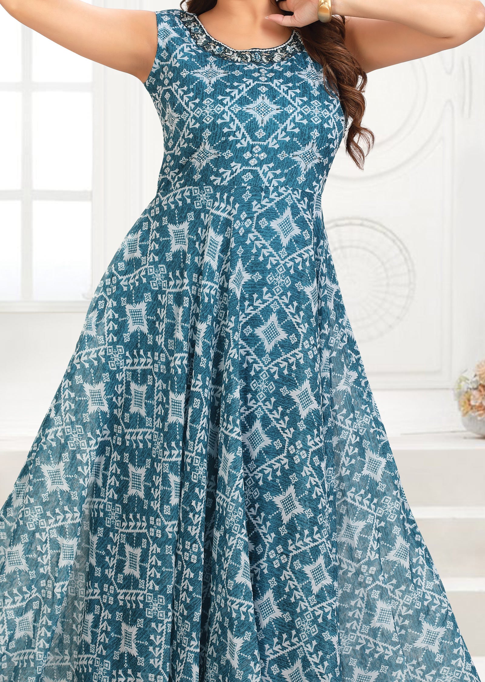 Blue Printed Chiffon Gown-Style Kurti