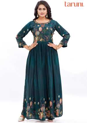 Bottle Green Crepe Long Gown Style Kurti with Embellishments