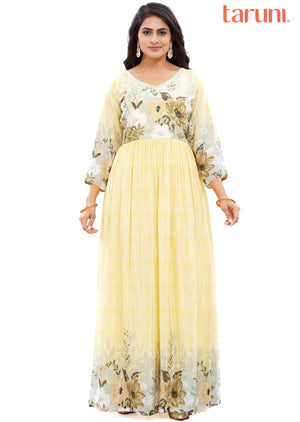 Light Yellow Long Gown Style Kurti with Pearls & Cut Dana