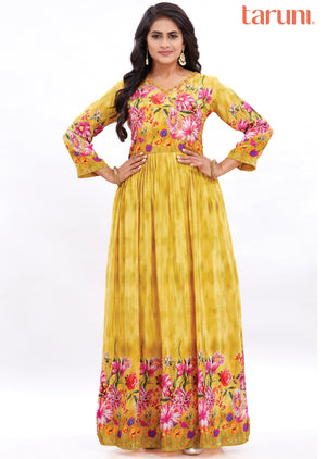 Yellow Long Gown Style Kurti with Mirror & Sequence Work