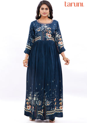 Teal Blue Long Gown Style Kurti with Beads & Sequence Work