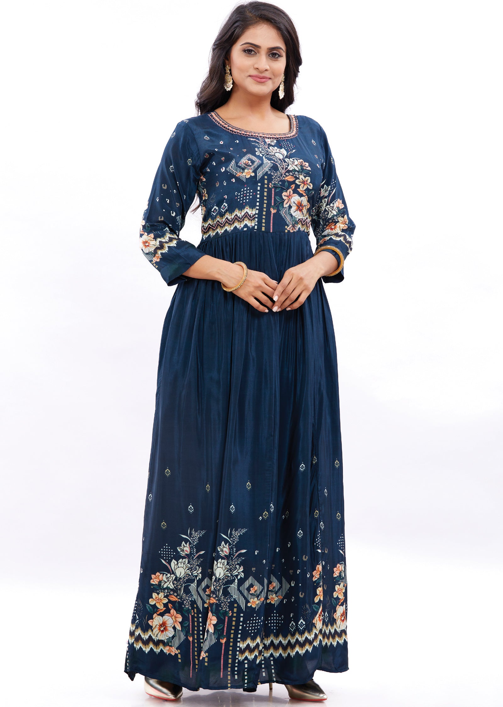 Teal Blue Crepe Kurti Full Length