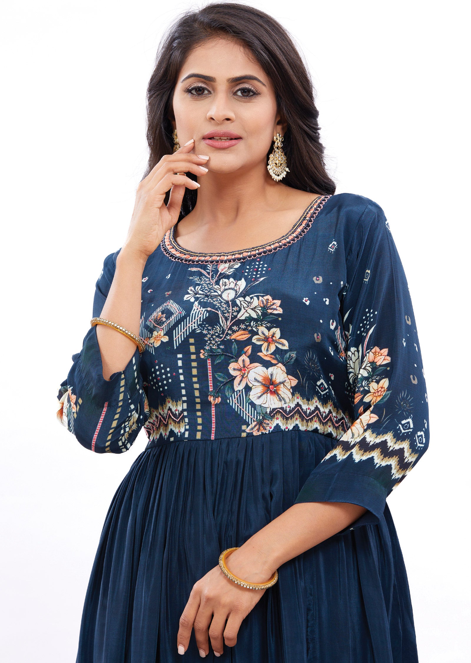 Teal Blue Crepe Kurti Full Length