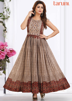 Grey & Brown Chiffon Kurti Full Length