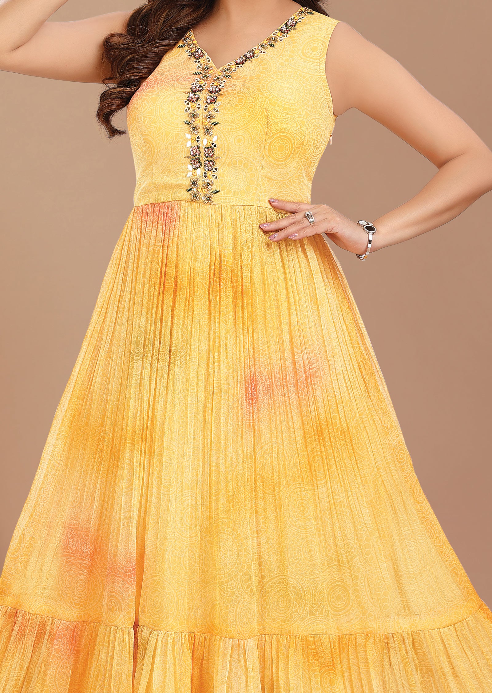 Yellow & Light Orange Tissue Chiffon Kurti Full Length