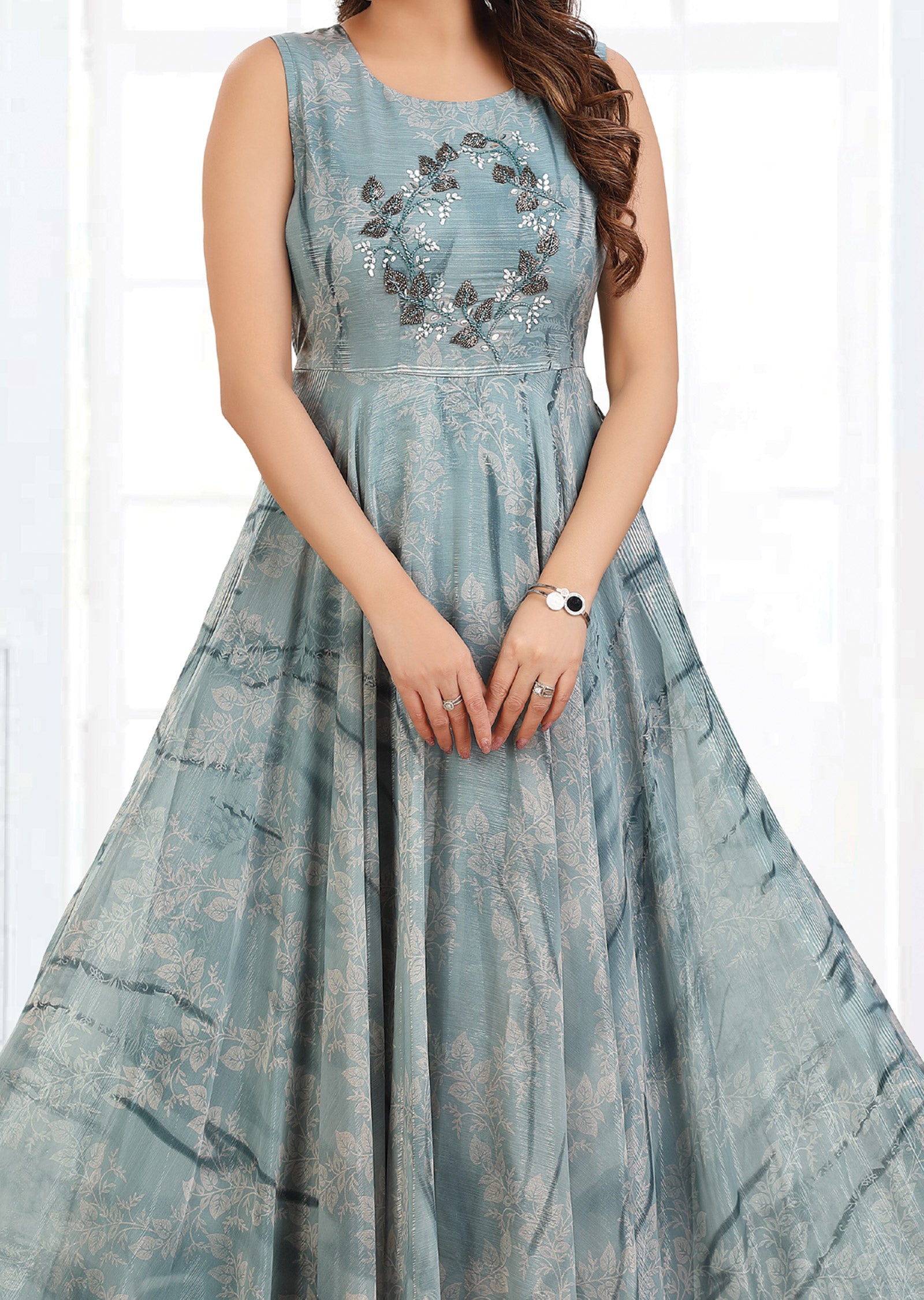 Dusty Blue Tissue Chiffon Kurti Full Length