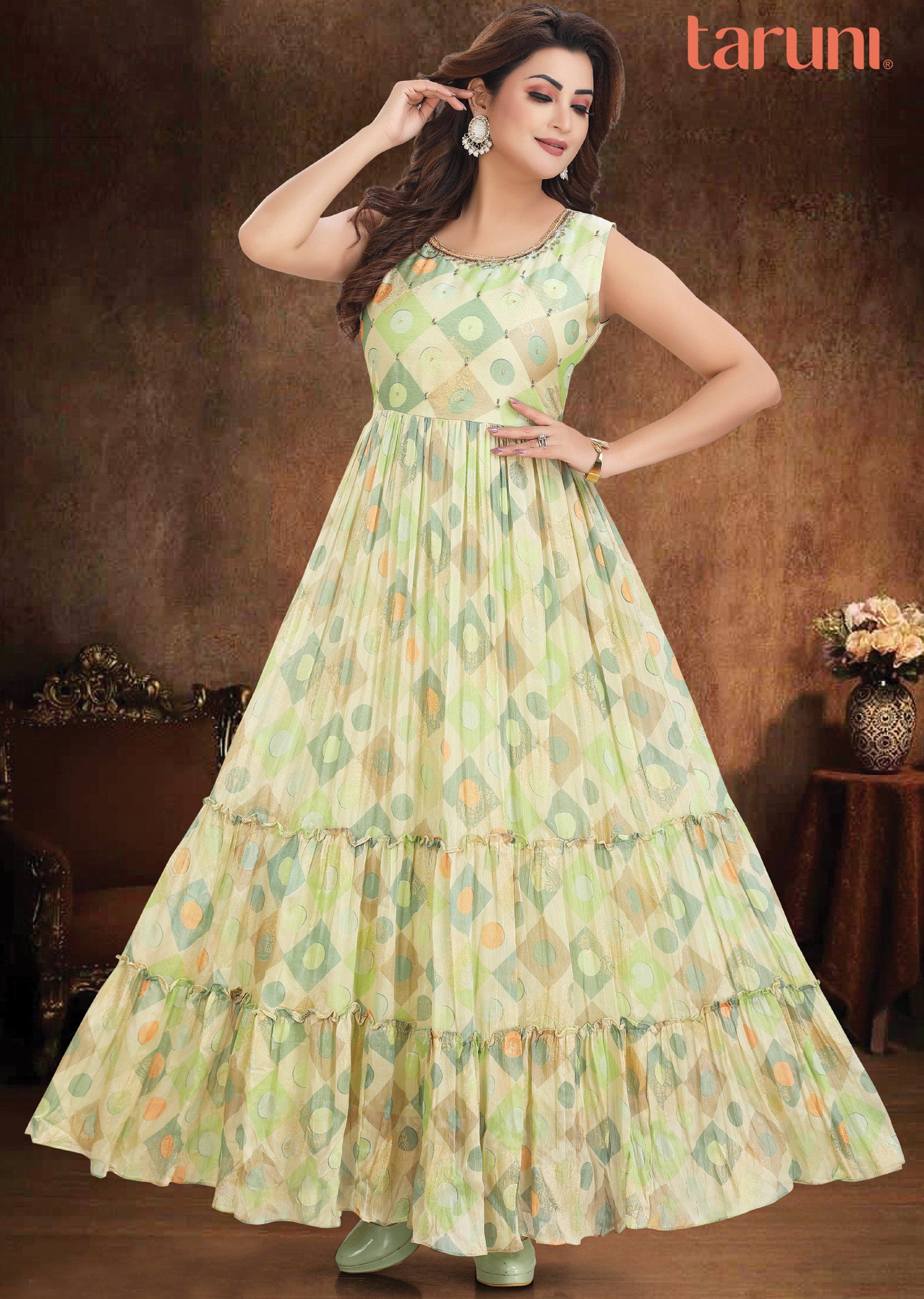 Pista Green Chiffon Kurti Full Length