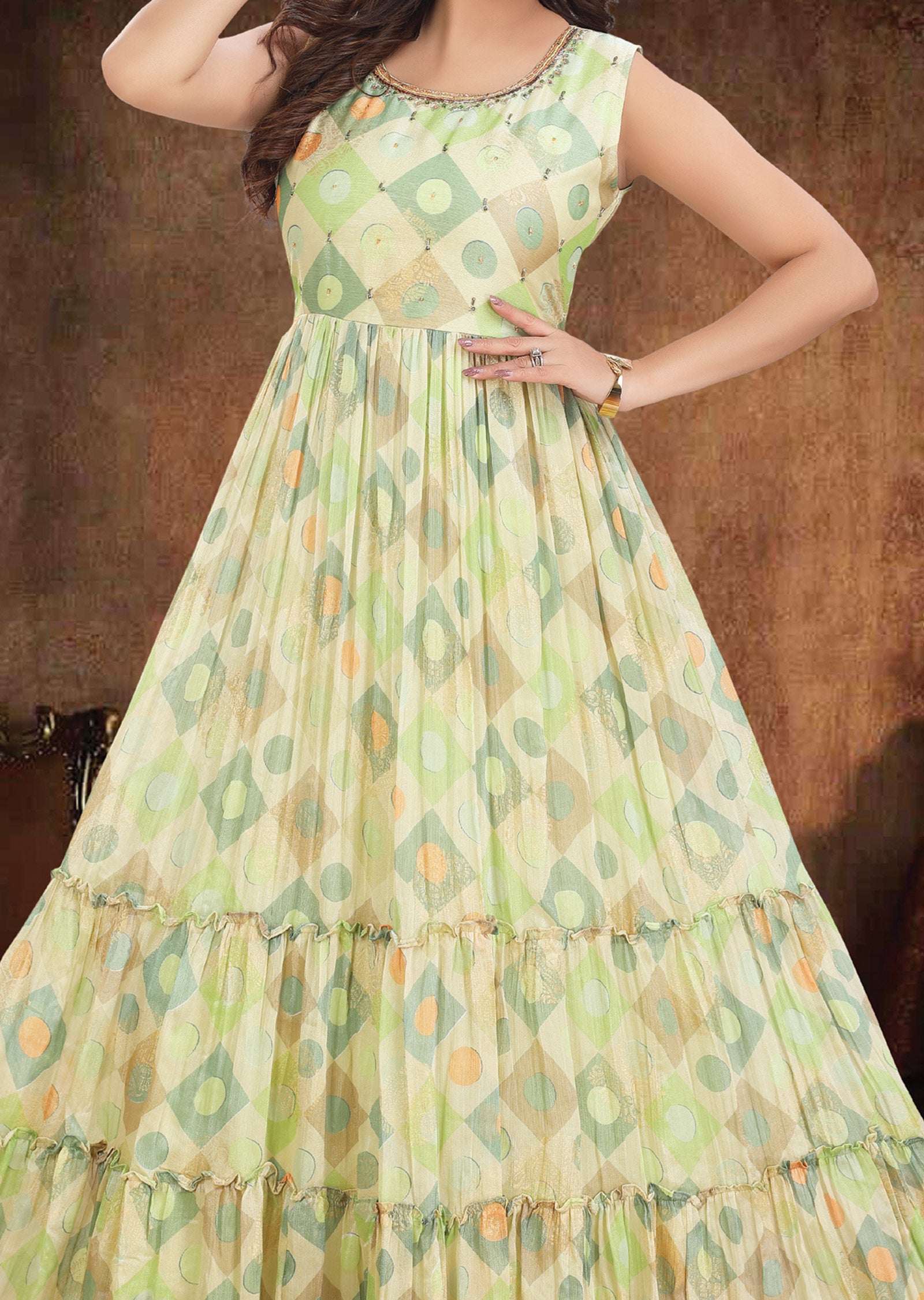 Pista Green Chiffon Kurti Full Length